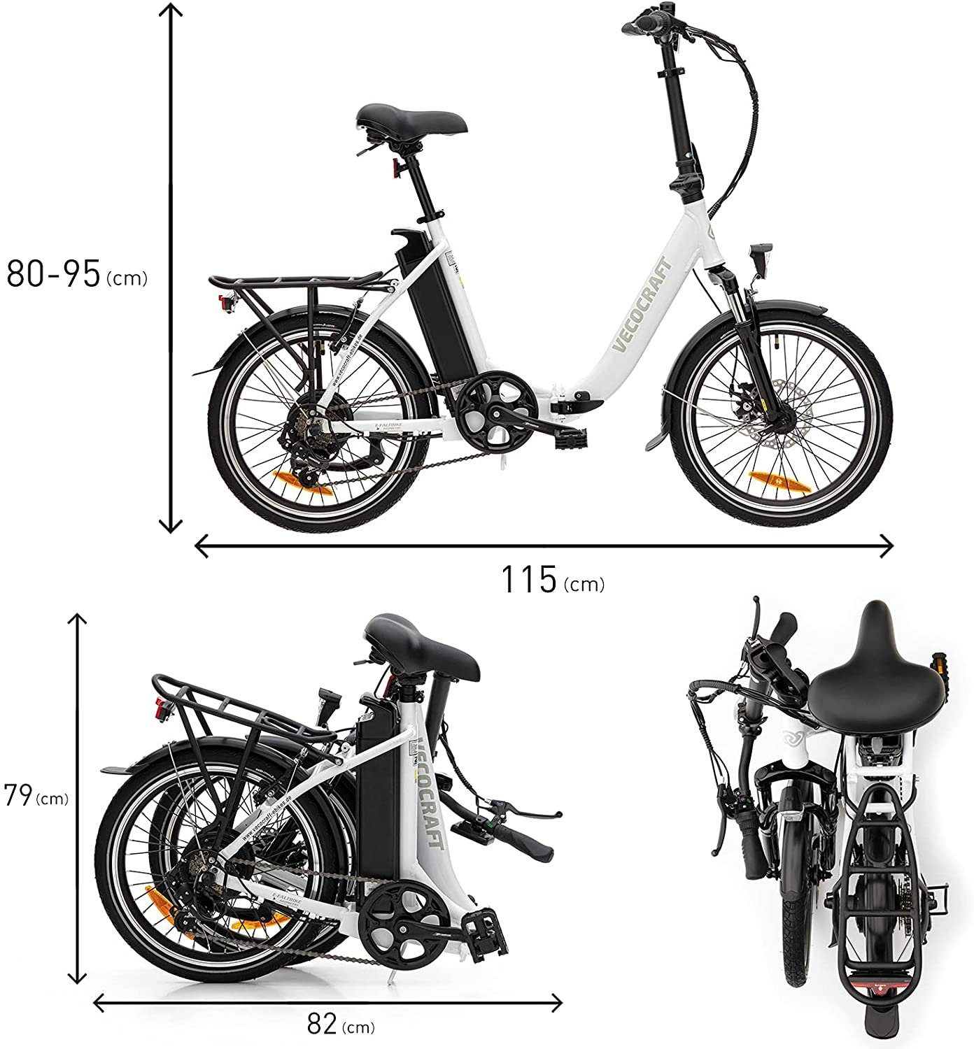 E-Pax Wh Akku Schaltwerk, E-Bike Kettenschaltung, Gang VECOCRAFT Shimano 7 Heckmotor, 20Zoll, 468,00 Weiß