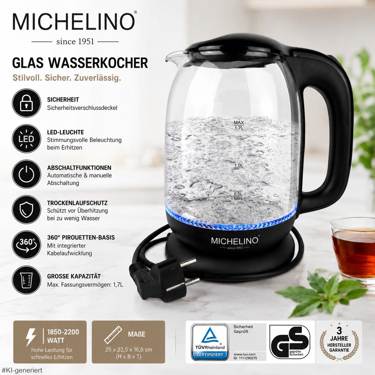 Michelino Wasserkocher aus Glas, 1,7 Liter mit LED-Beleuchtung, 2200 W, automatische Abschaltung, Trockenlaufschutz