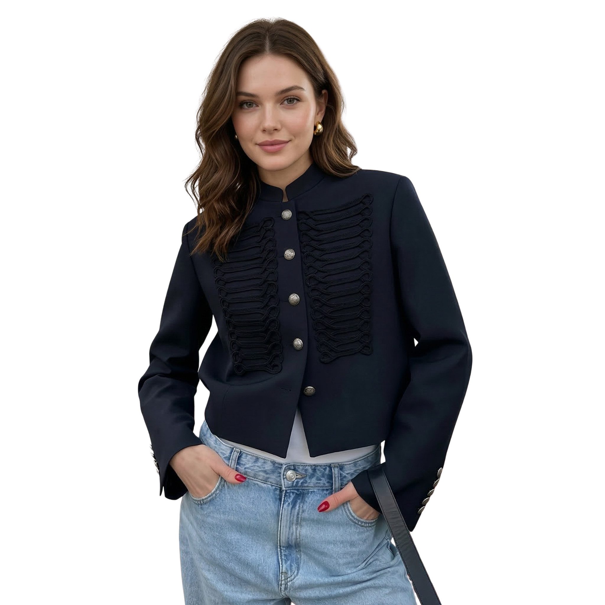 NEXORA Kurzjacke Damen Napoleon Jacke Kurzjacke mit Stehkragen und Zierknöpfen- Blazer Military-Stil, Stehkragen, Zierknöpfe