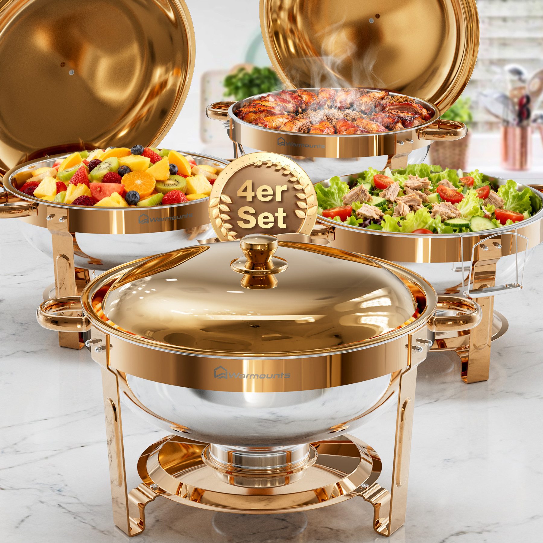 Warmounts Speisenwärmer Buffetwärmer, (4-tlg., Chafing Dish Set 4,7L Rund Edelstahl, Roségold), stapelbar, mit Deckel und Deckelhalter, für Catering & Partys