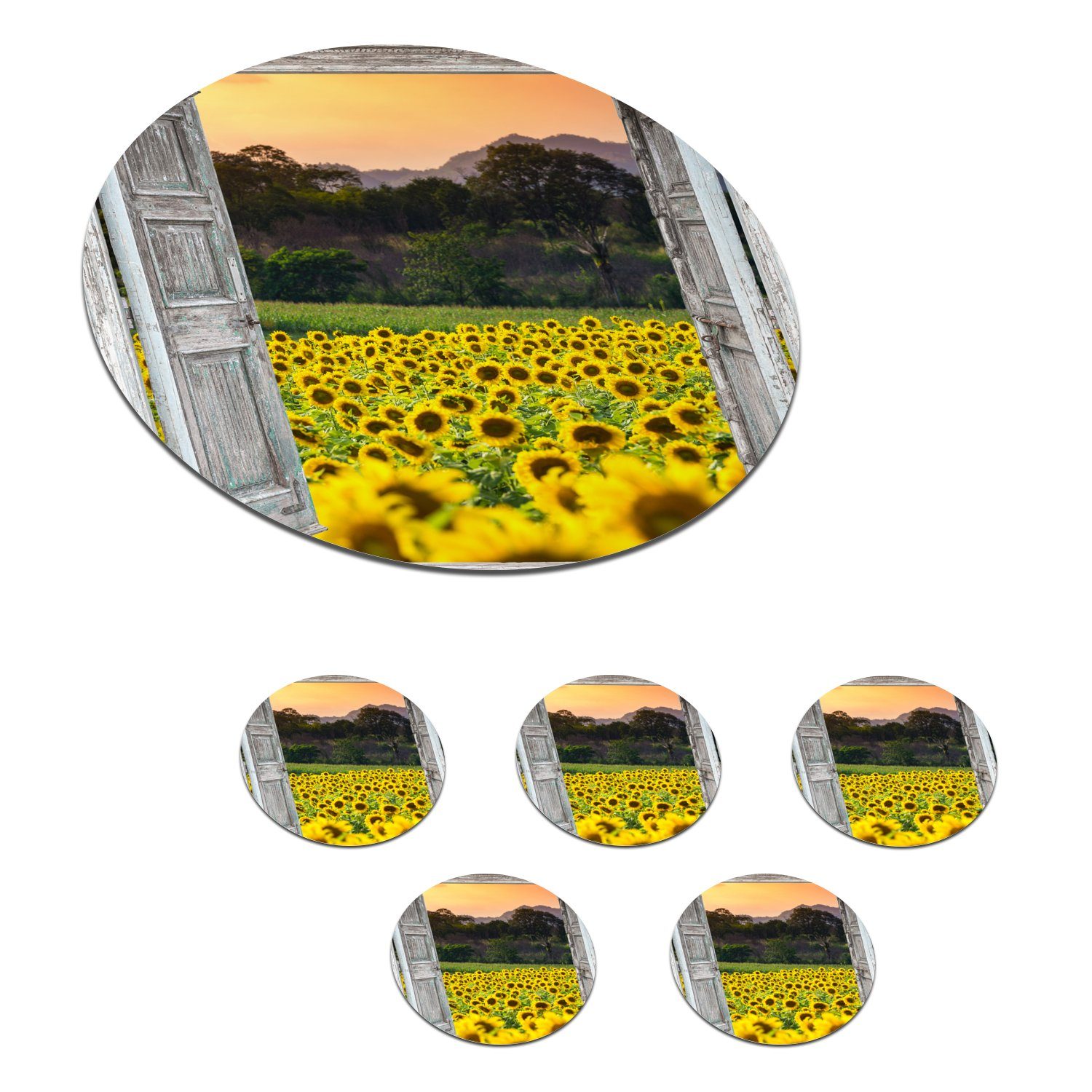 MuchoWow Glasuntersetzer Sonnenblume - Abend - Blumen - Ansicht, Zubehör für Gläser, 6-tlg., Getränkeuntersetzer, Tassenuntersetzer, Korkuntersetzer, Tasse, Becher