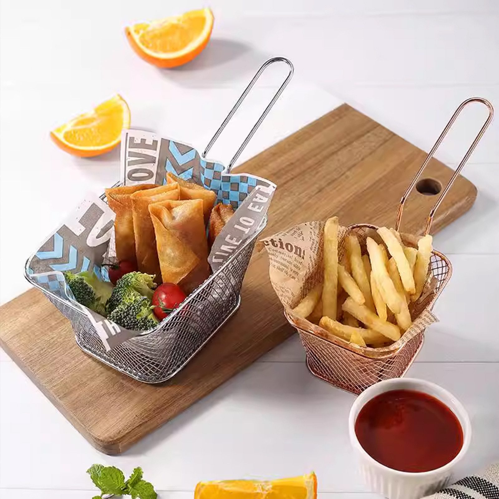 REDOM Frittiereinsatz Frittierkorb 12er Set Mini Servierkörbe Pommeskorb Frittiernetz, (Küchenzubehör Edelstahl für Pommes Snacks Beilagen hitzebeständig, 12-tlg), Frittierkorb eckig mit Henkel ideal für Küche Restaurant Party