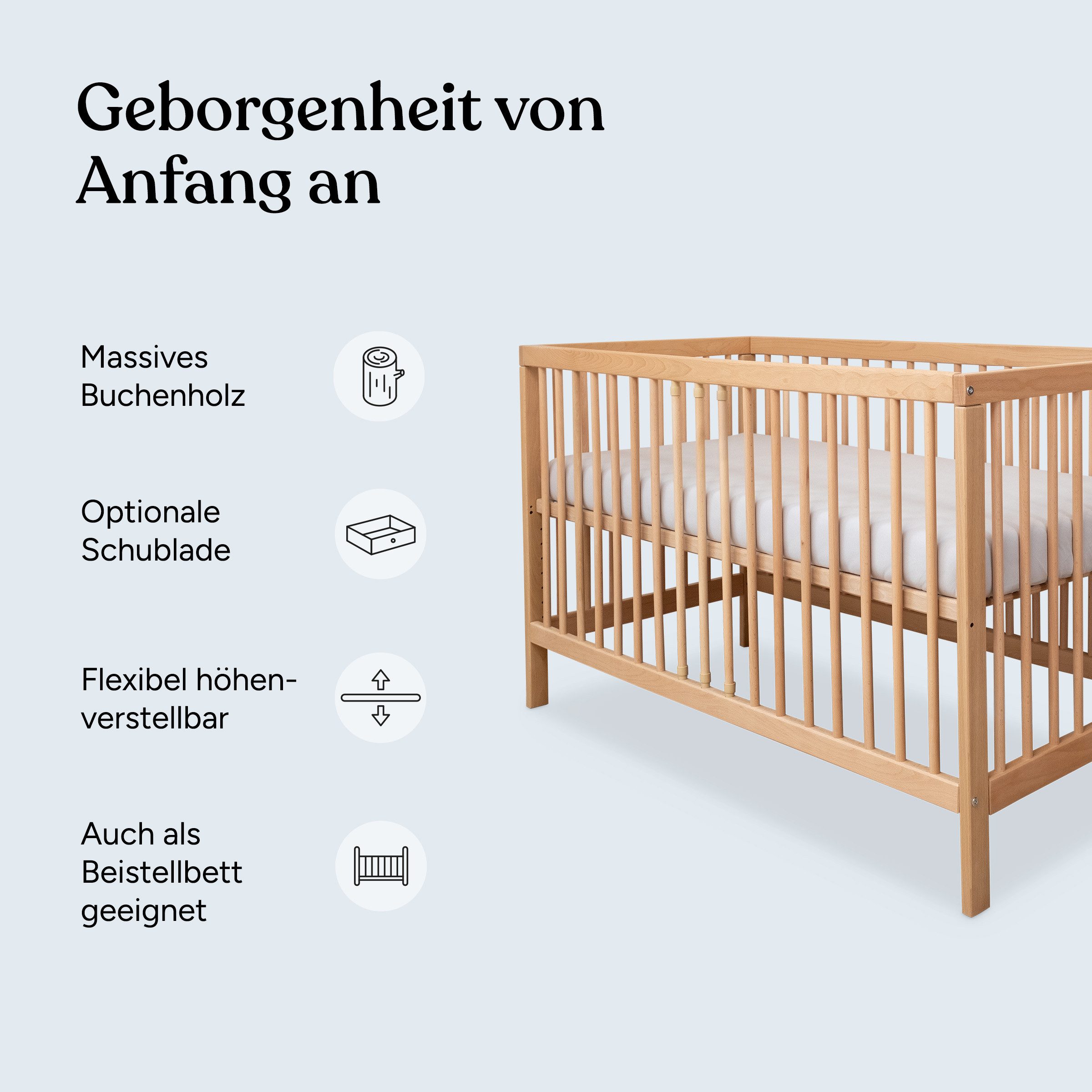 Ehrenkind Babybett PUR aus massivem Buchenholz, flexibel höhenverstellbar, Gitterbett, Kinderbett 9-Fach höhenverstellbar mit entnehmbaren Stangen Baby Bett