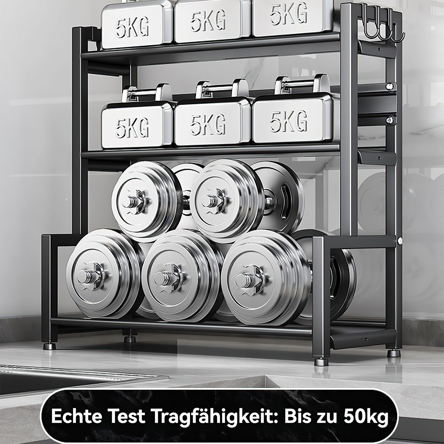 HEYHIPPO Küchenregal Gewürzregal 3-stöckig, Küchenablage aus Kohlenstoffstahl, 50×21×49cm, Küchenorganizer mit Messerhalter und 4 abnehmbaren Haken, Schwarz – Bild 5 von 5