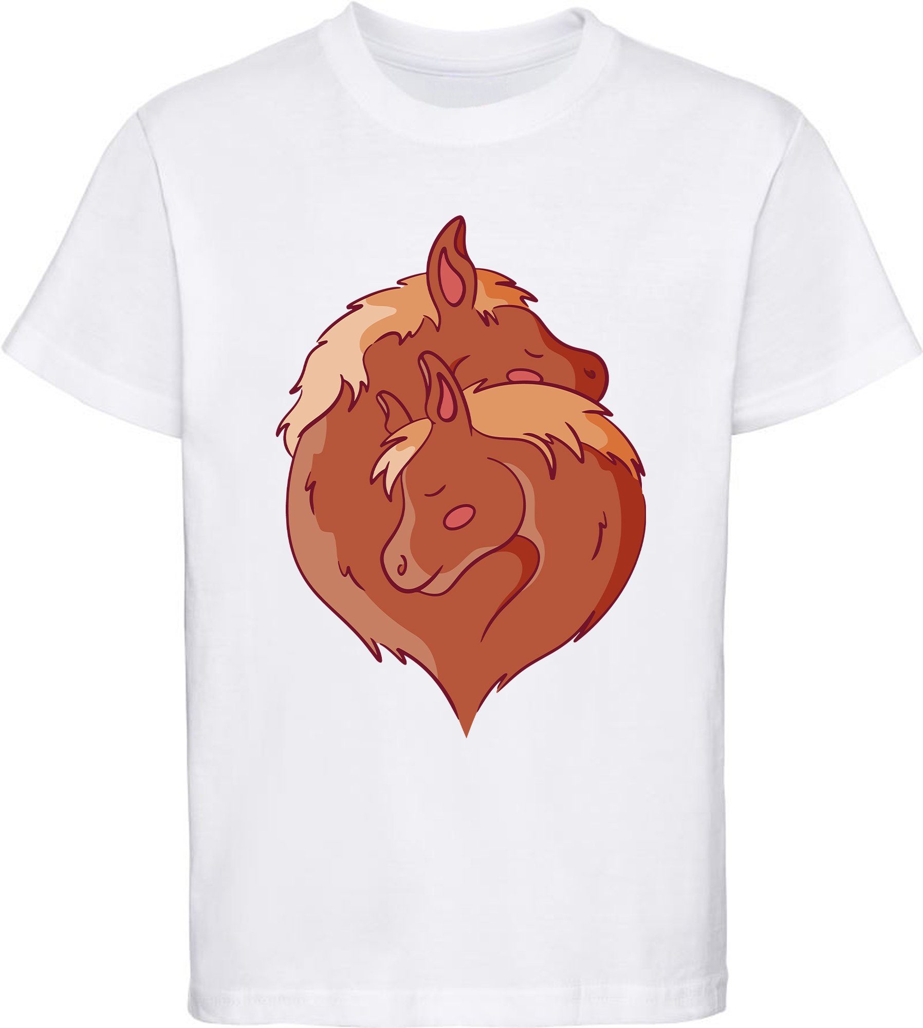 MyDesign24 Print-Shirt bedrucktes Mädchen T-Shirt weiss Aufdruck, Stil im zwei Baumwollshirt Yang Yin Pferde mit i152 kuschelnde
