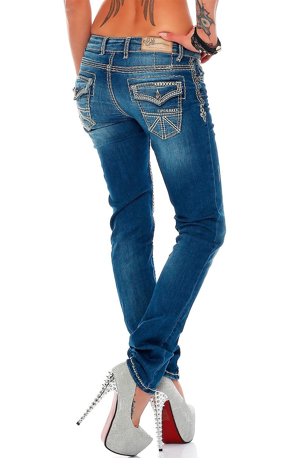 Cipo & Baxx Slim-fit-Jeans Damen Slim Fit Hose Stonewashed BA-WD201 (1-tlg) Stilvolle Kontrastnähte und verzierte Gesäßtaschen