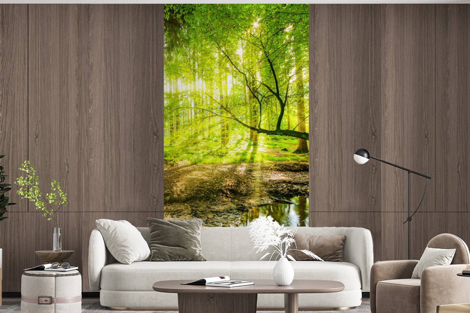 Vliestapete Natur, (2 Fototapete Bäume MuchoWow - bedruckt, - Schlafzimmer St), für - - Landschaft Matt, Sonne Wald - Küche, Fototapete Wohnzimmer Wasser Grün -