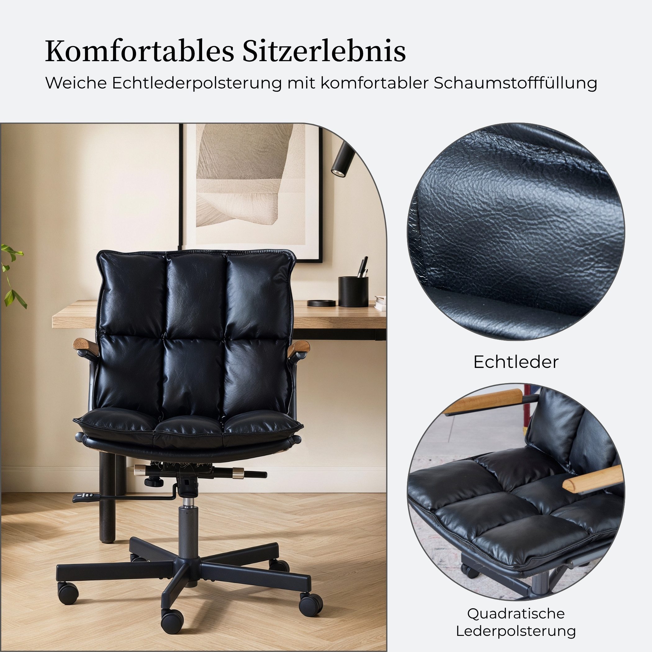 SeedWave Bürostuhl Höhenverstellbarer Drehstuhl mit Eichenholz-Armlehnen, 136kg belastbar, Industrial Design, Echtleder Schreibtischstuhl mit Wippfunktion