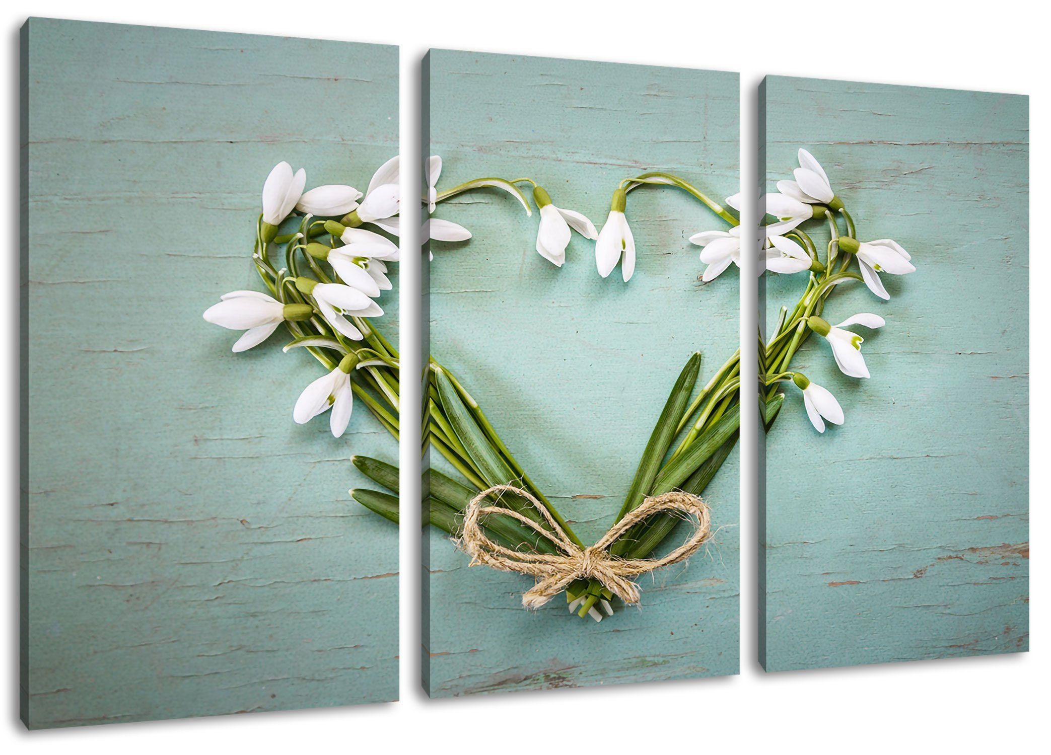 inkl. Pixxprint (1 (120x80cm) Leinwandbild aus St), aus Blumen Herz bespannt, fertig Blumen, Herz Zackenaufhänger 3Teiler Leinwandbild
