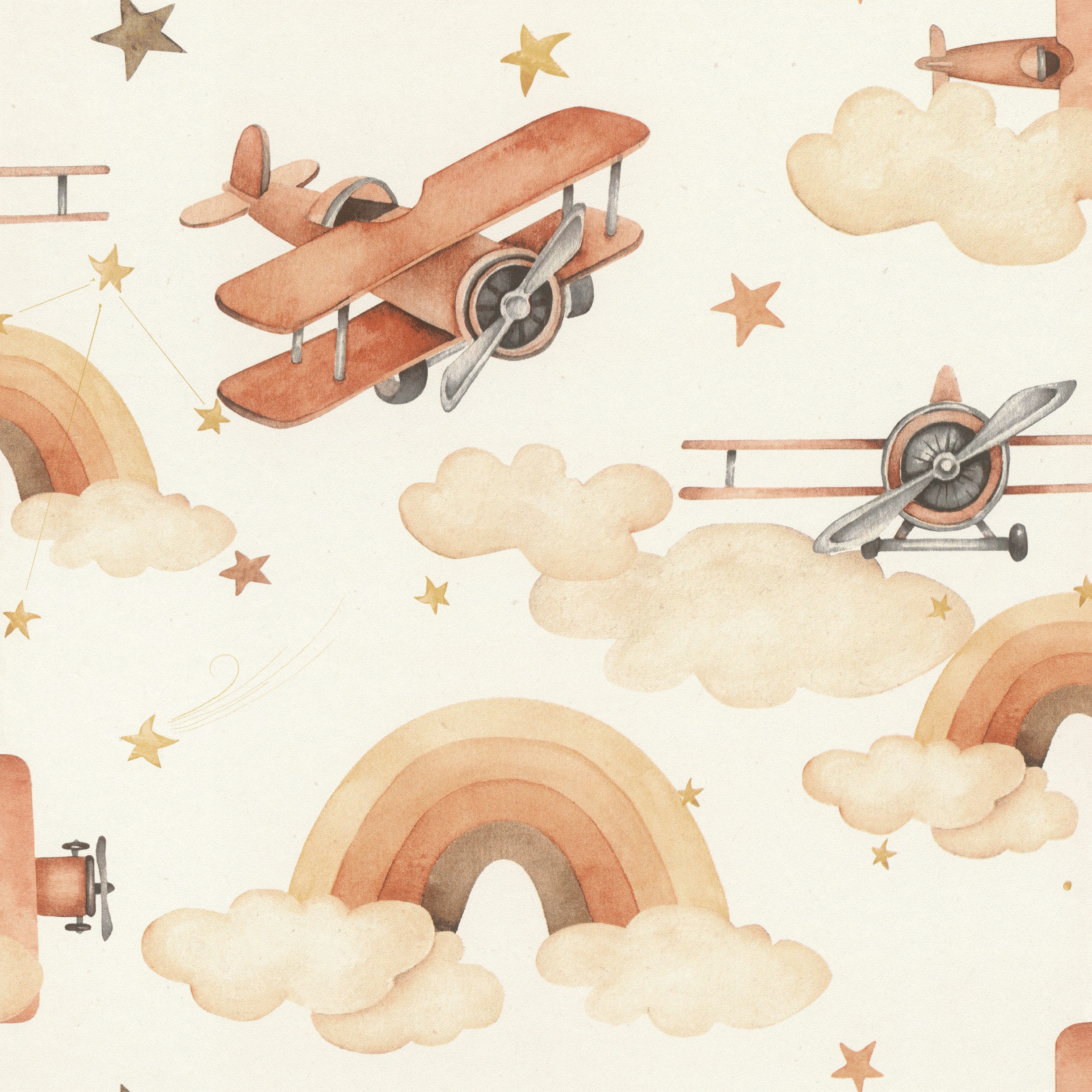 Rasch Vliestapete 301557 - Kinderzimmer-Tapete mit Flugzeugen und Regenbogen, strukturiert, gemustert, (1 St), Retro