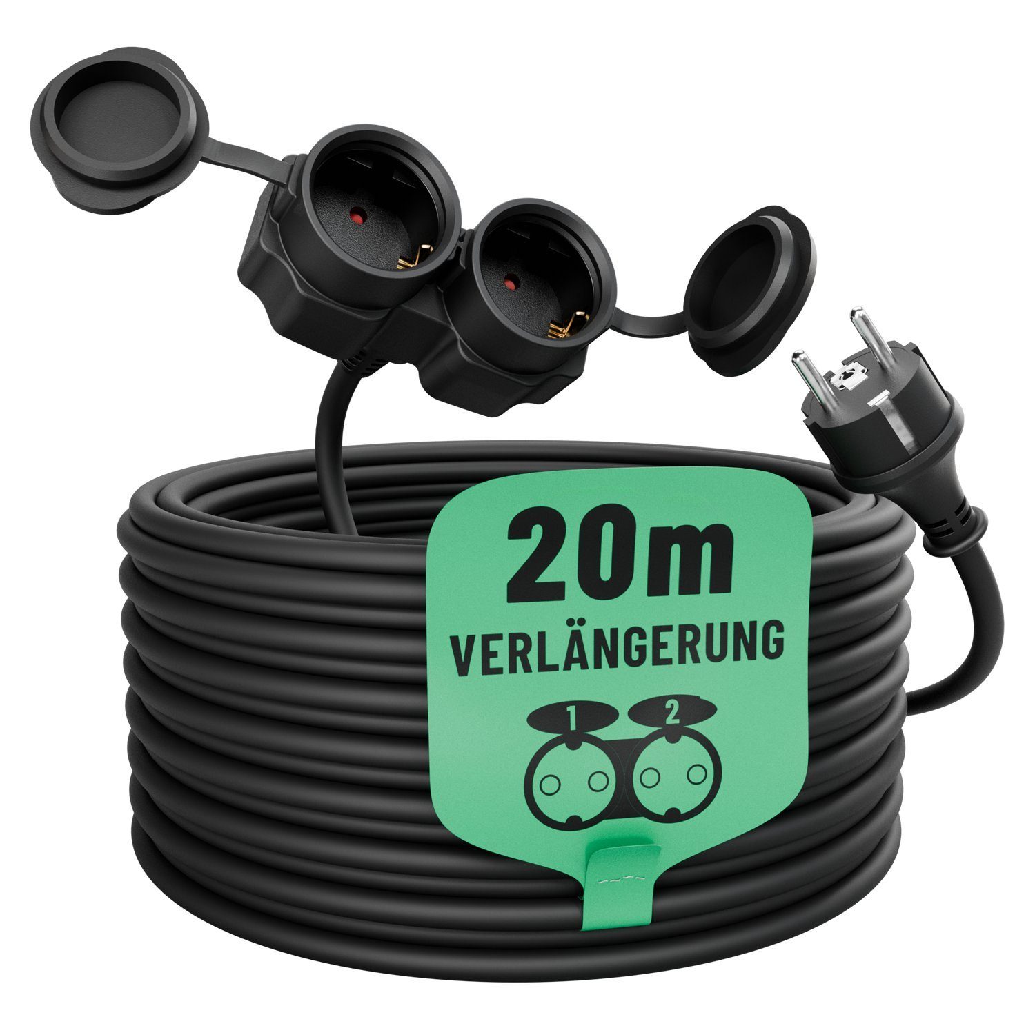 greate. 2fach Verlängerungskabel 20m - wasserdicht, Mehrfachsteckdose, 3500 W Verlängerungskabel, (2000 cm)