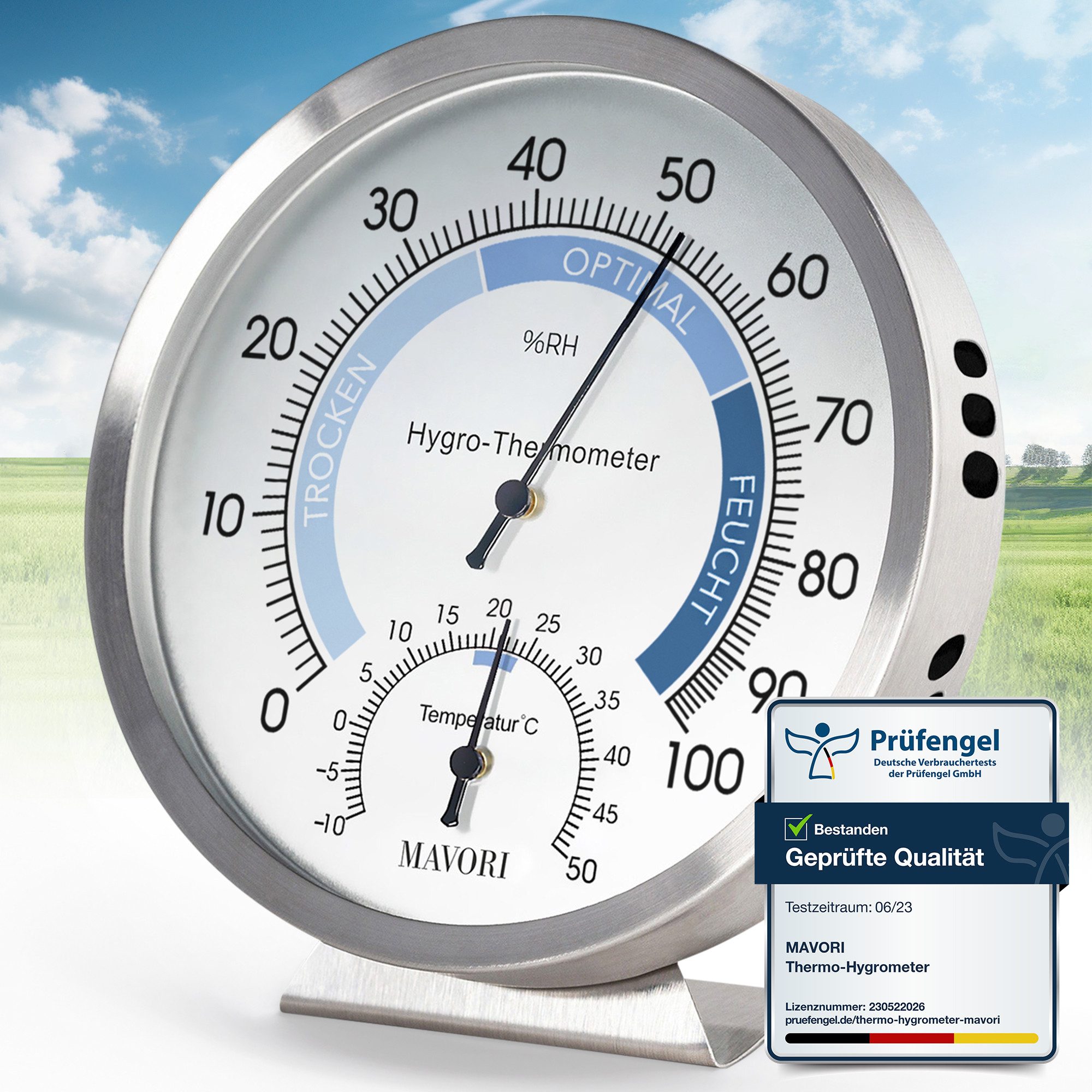 MAVORI Hygrometer mit Thermometer analog aus Edelstahl - präzise und stilvoll - Ø 12,5cm, batteriefreier Betrieb (Bi-Metall)
