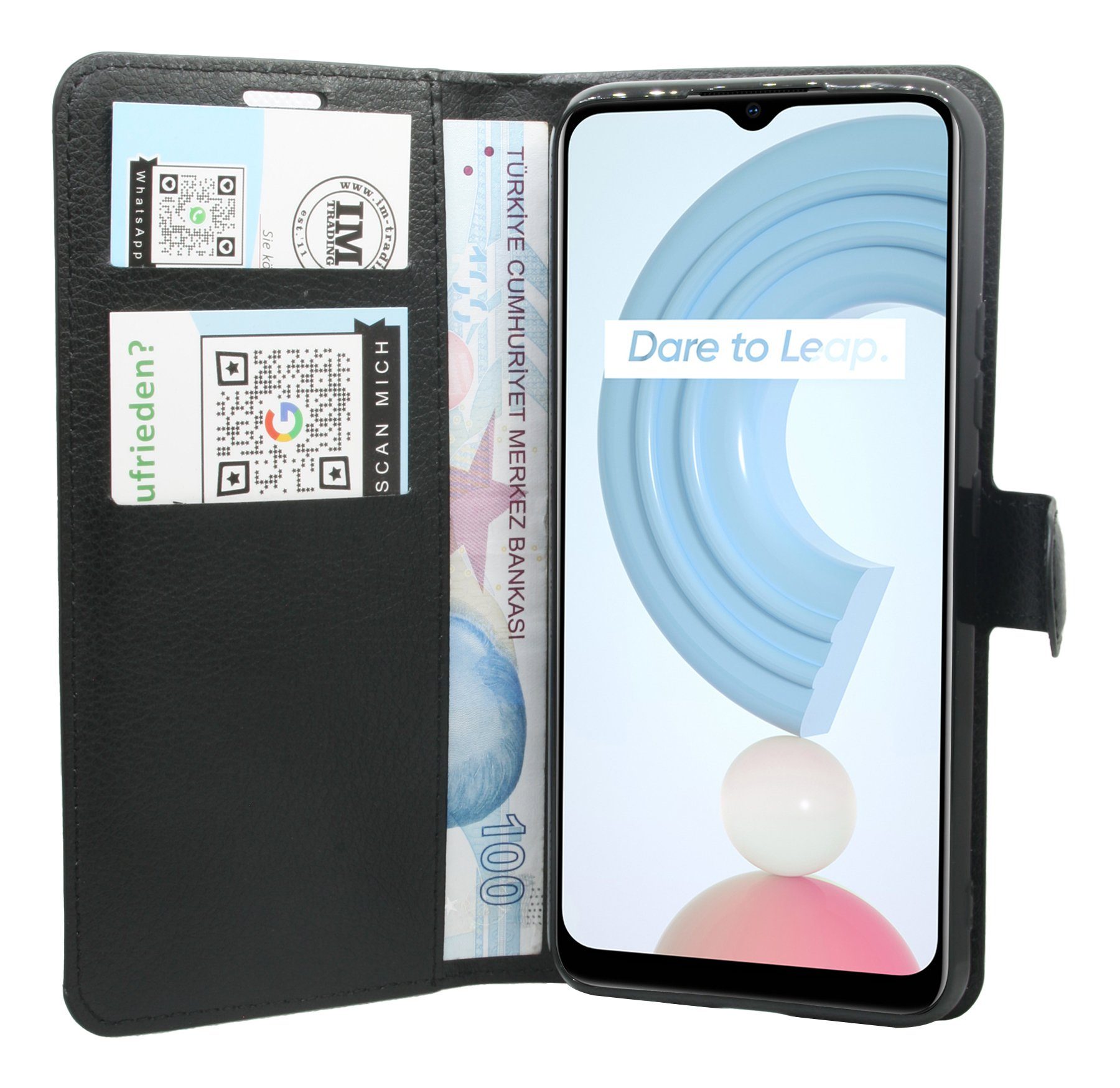 cofi1453 Handyhülle Buch Tasche Schutzhülle für Realme C21Y schwarz 6,5 Zoll, Kunstleder Schutzhülle Handy Wallet Case Cover mit Kartenfächern, Stan