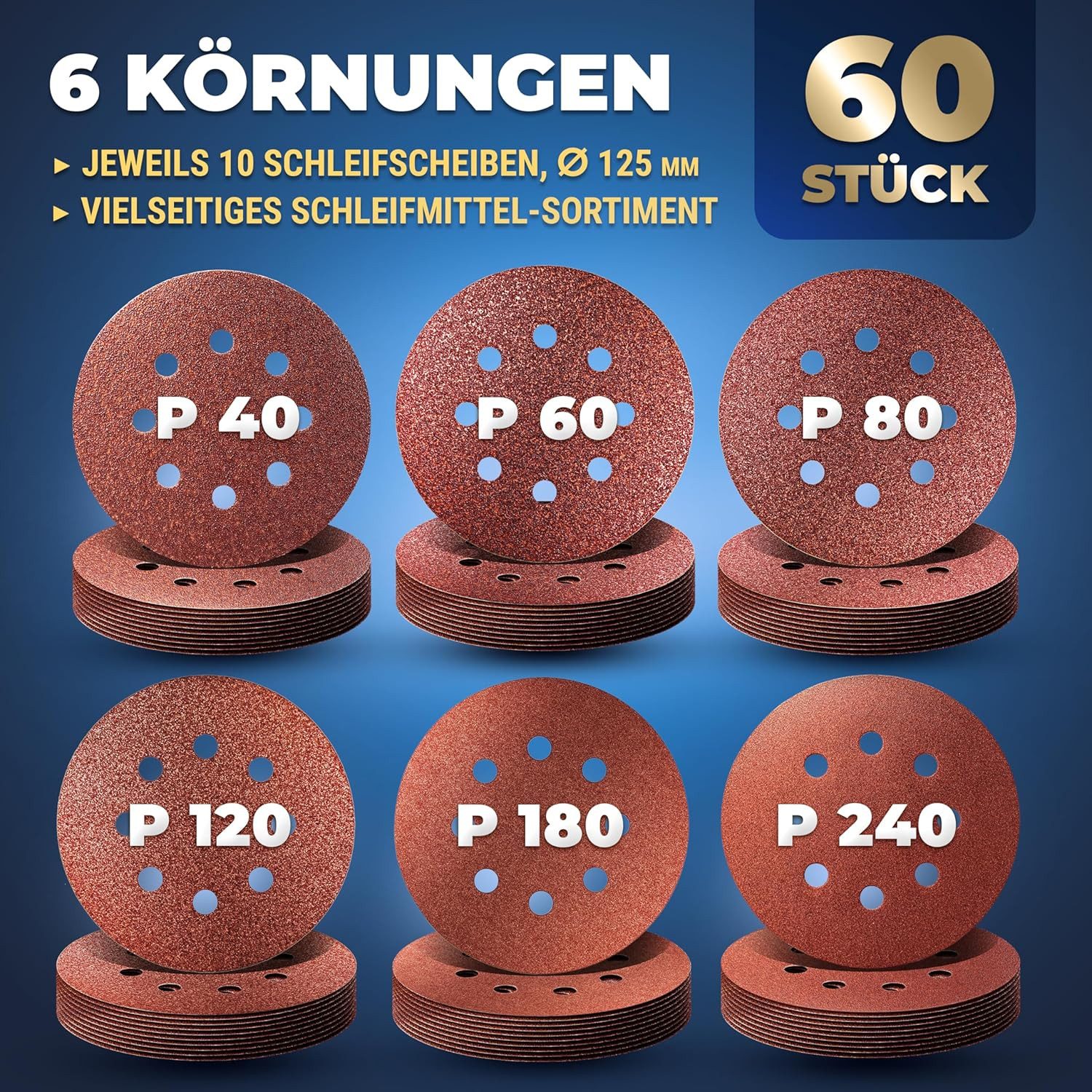 S&R Schleifpapier Klett, Set 125 mm, Meister, für Exzenterschleifer Ø 125 mm, (Set, 60 St., 10 x Körnungen P40, P60, P80, P120, P180, P240), besonders dichter Faser-Rückseite für zuverlässigen Halt