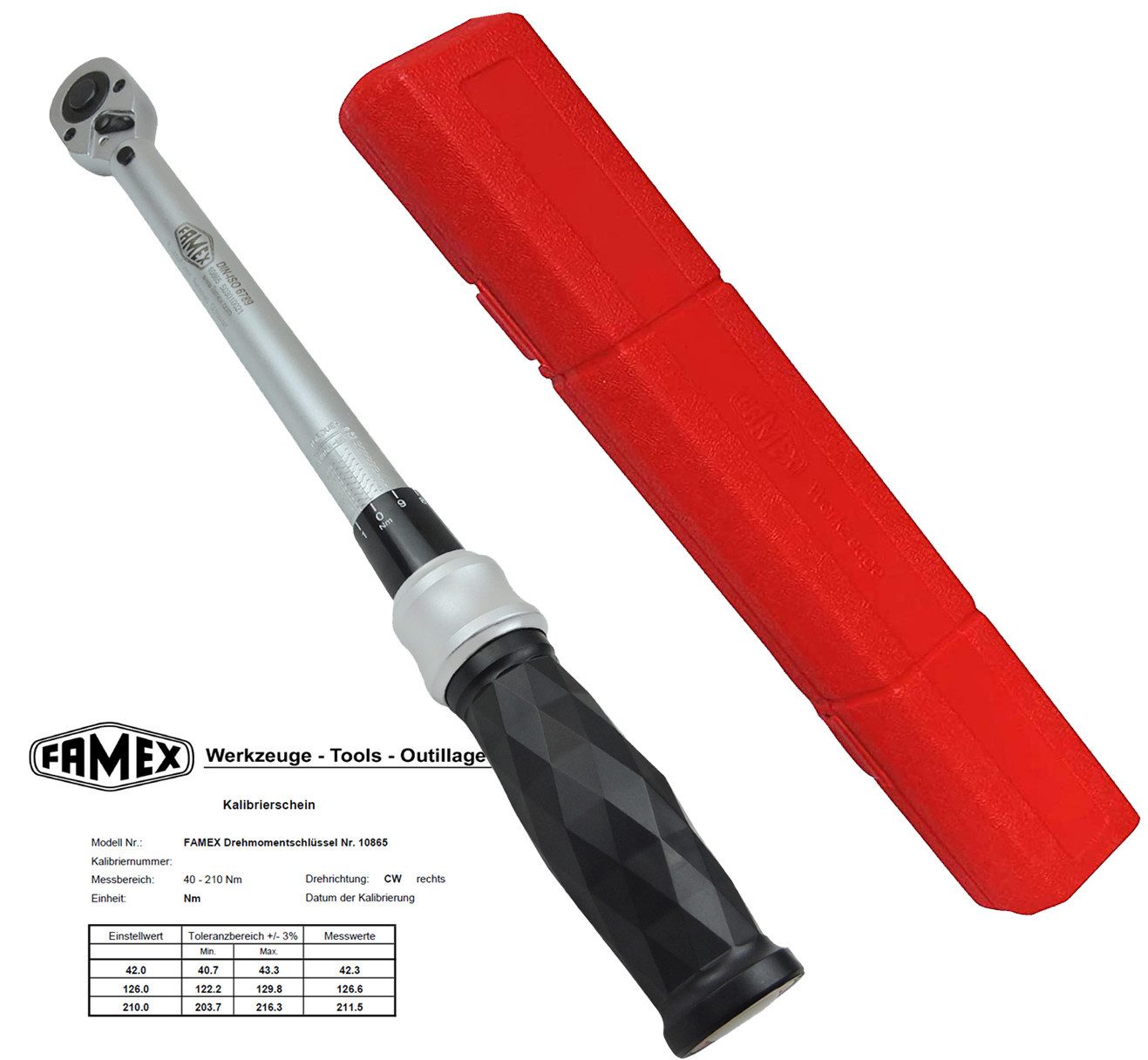 FAMEX Drehmomentschlüssel 10865 Drehmomentschlüssel 1/2 Zoll, PROFESSIONAL, +-3%, Kalibrierschein