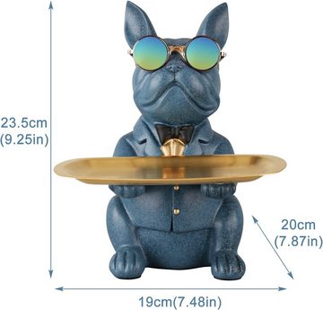 HYTIREBY Tierfigur Französische Bulldogge Tablett Deko Statue, Hund Skulptur, (1 St), Hund Dekofigur Aufbewahrungs Tablett Statue Mit Tablett (blau)