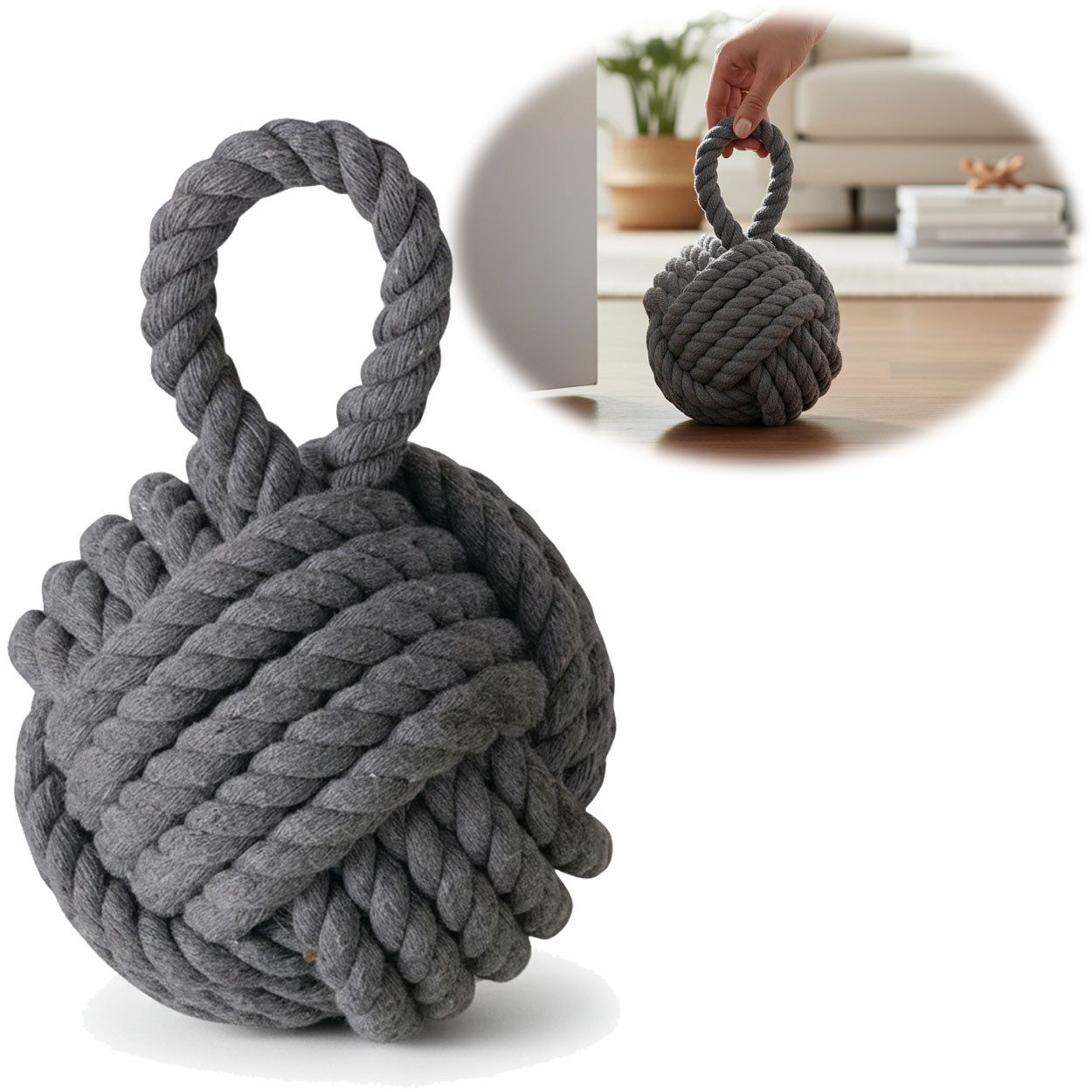 LS-LebenStil Bodentürstopper Boden Türstopper Malmö 23cm Grau 1,3kg Jute Knoten Tragegriff Türpuffe (Handgearbeitet Bodenstopper Türpuffer Türhalter Türsack Türkeil Tür Stopper Sack Fensterstopper Boden Stopper Buchstütze, 1 St)