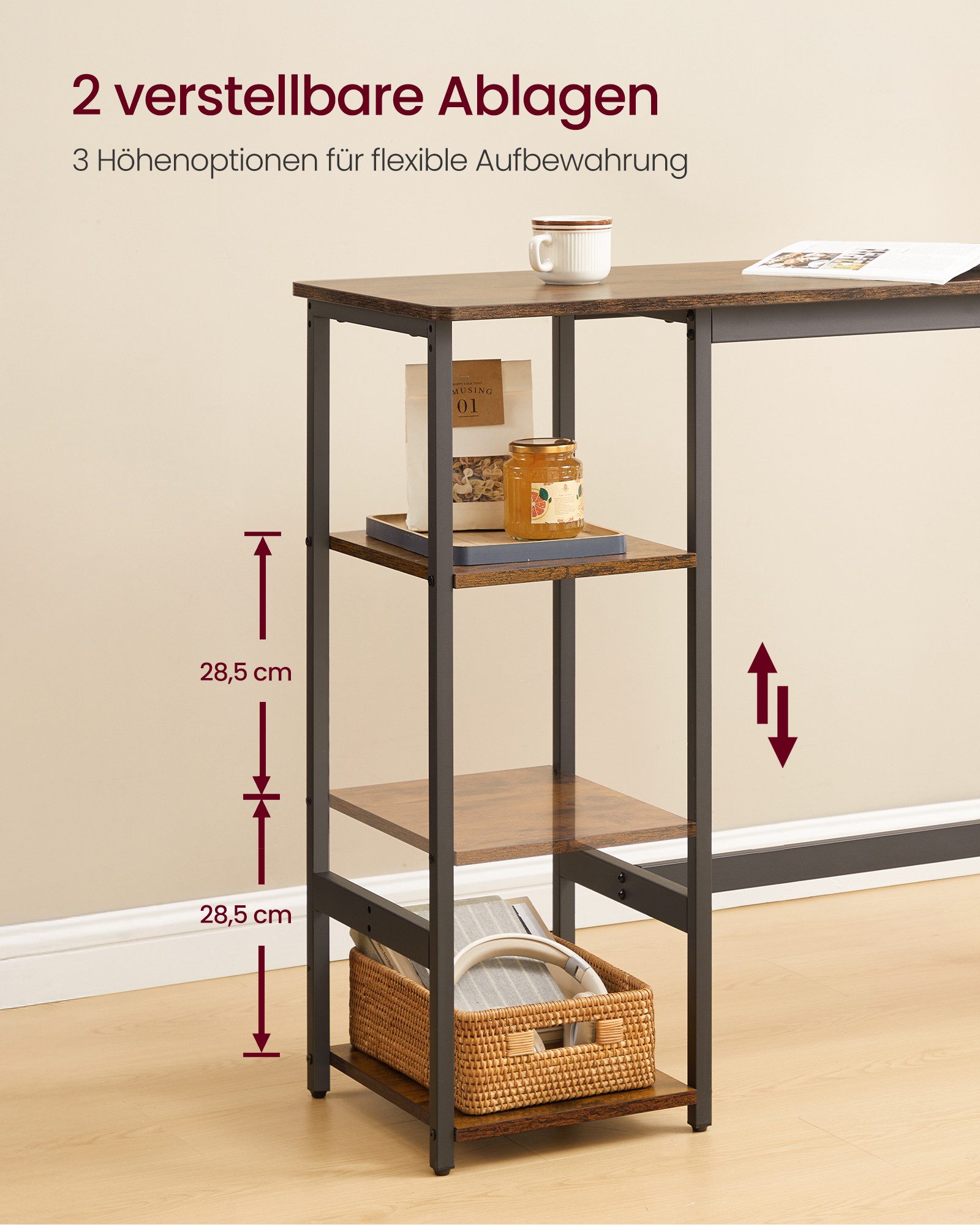 VASAGLE Bartisch Bartisch-Set, Bartisch-Set mit Regal, Essgruppe mit 2 Hockern, Metallgestell