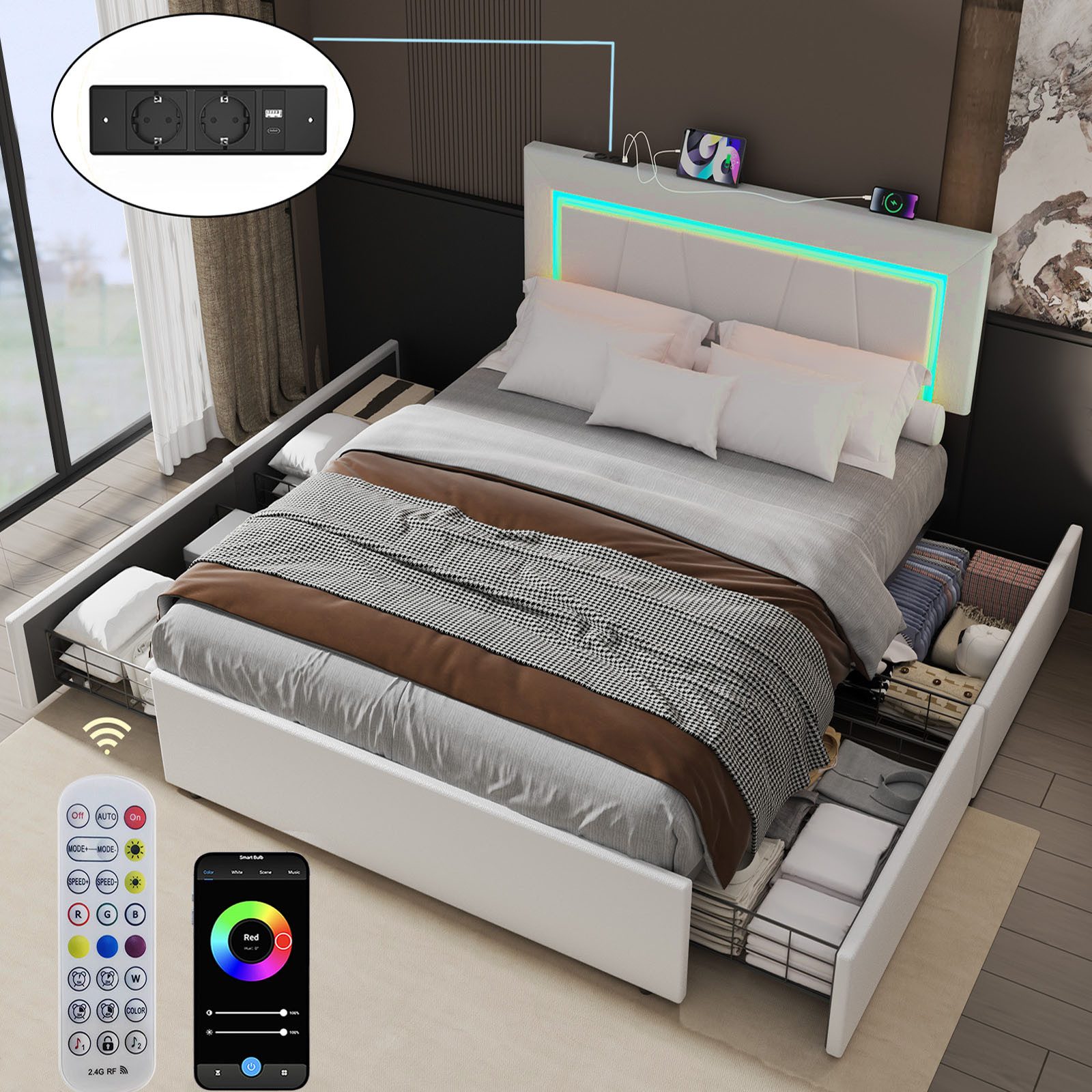 oyajia Polsterbett LED Doppelbett 140x200 cm günstig online kaufen