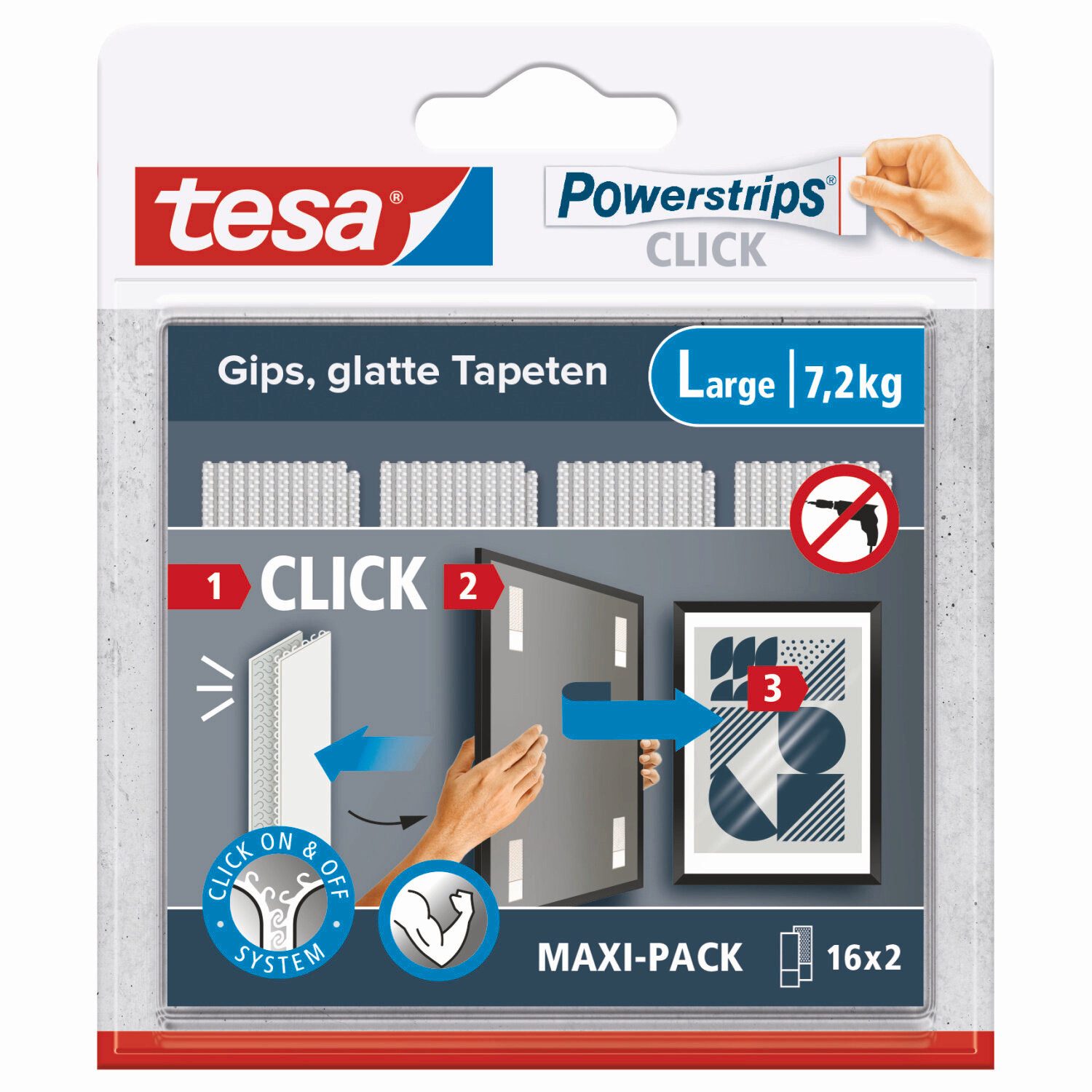tesa Klebehaken, (Packung, 1-St., 32 Strips zum An- und Abklicken von Bildern oder Wanddeko), Größe L, starker Halt ohne Bohren, wiederablösbar, mehrfach verwendbar