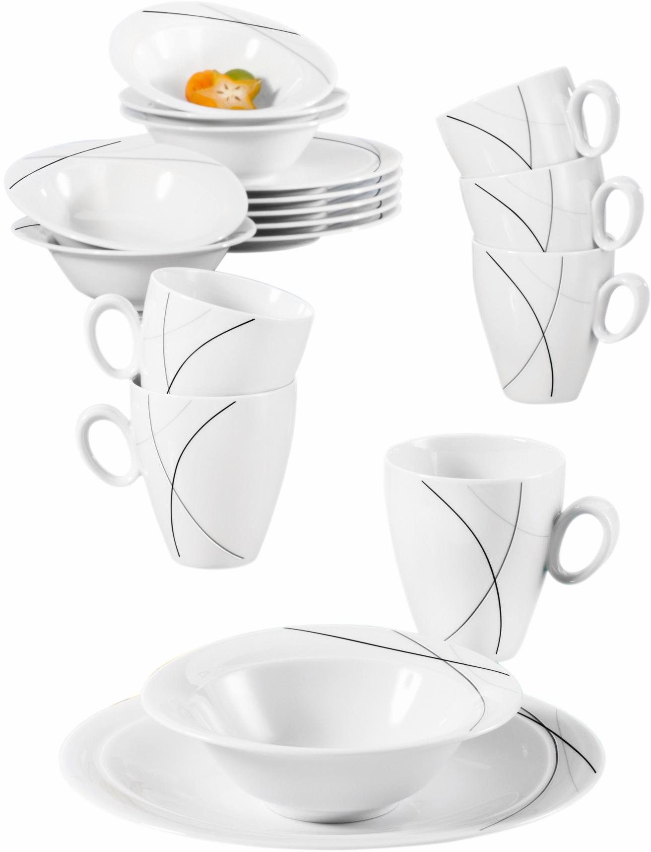 Seltmann Weiden Frühstücks-Geschirrset Service, Trio Highline (Teller, Schale, Kaffeebecher) (18-tlg), 6 Personen, Porzellan, Teller, Becher, Schalen, Made in Germany, 18 Teile, für 6 Personen