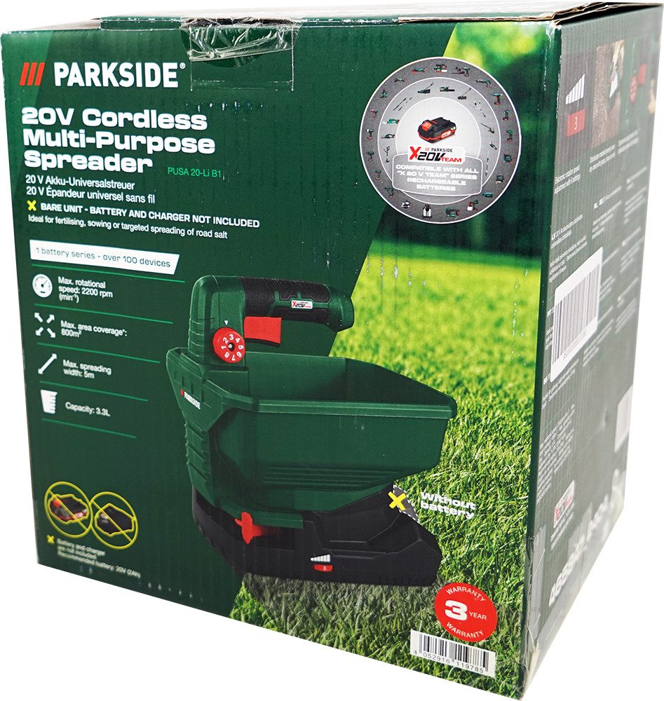 Parkside Handstreuer 20V Akku Universalstreuer PUSA 20 (ohne Akku), 8-stufige, ergonomische Mengenregulierung des Streugutes