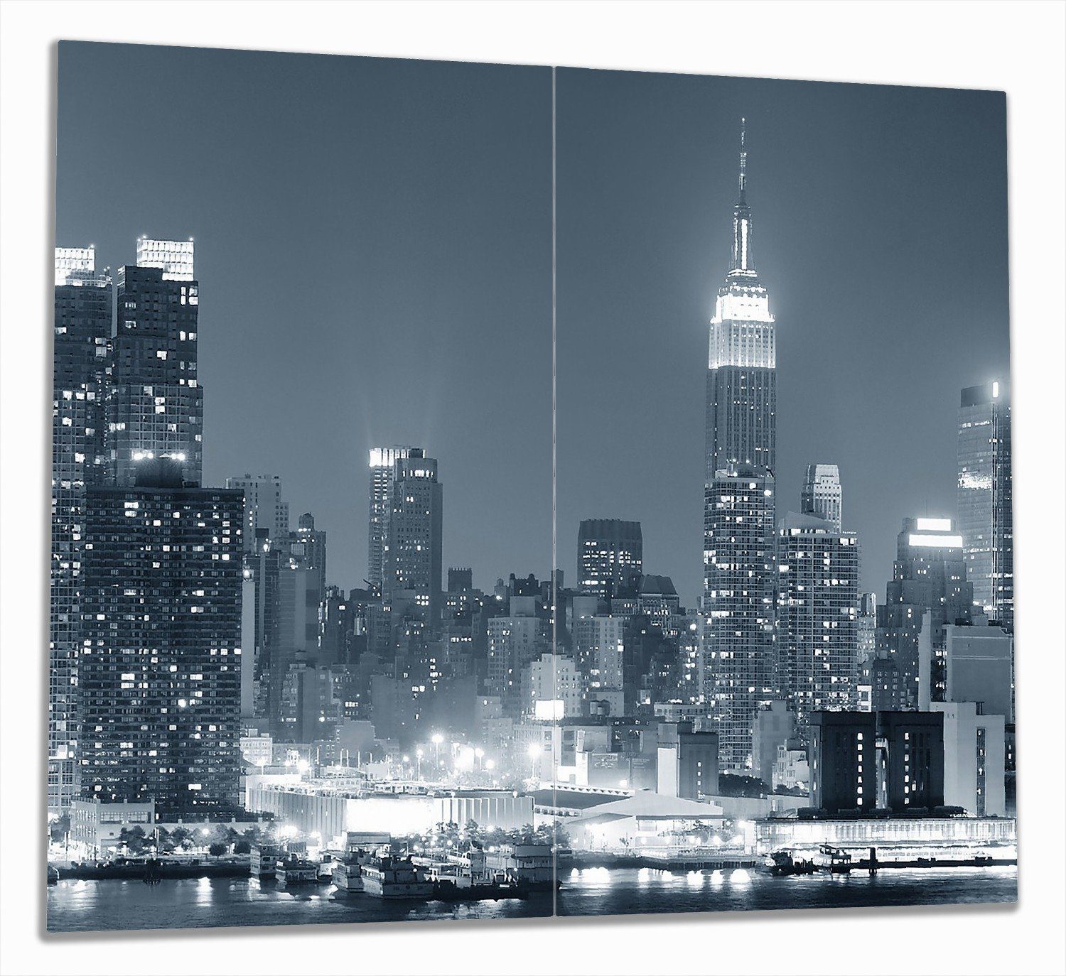 Wallario Herd-Abdeckplatte New York Skyline - Schwarz Weiß Blau, ESG-Sicherheitsglas, (Glasplatte, 2 tlg., inkl. 5mm Noppen), verschiedene Größen