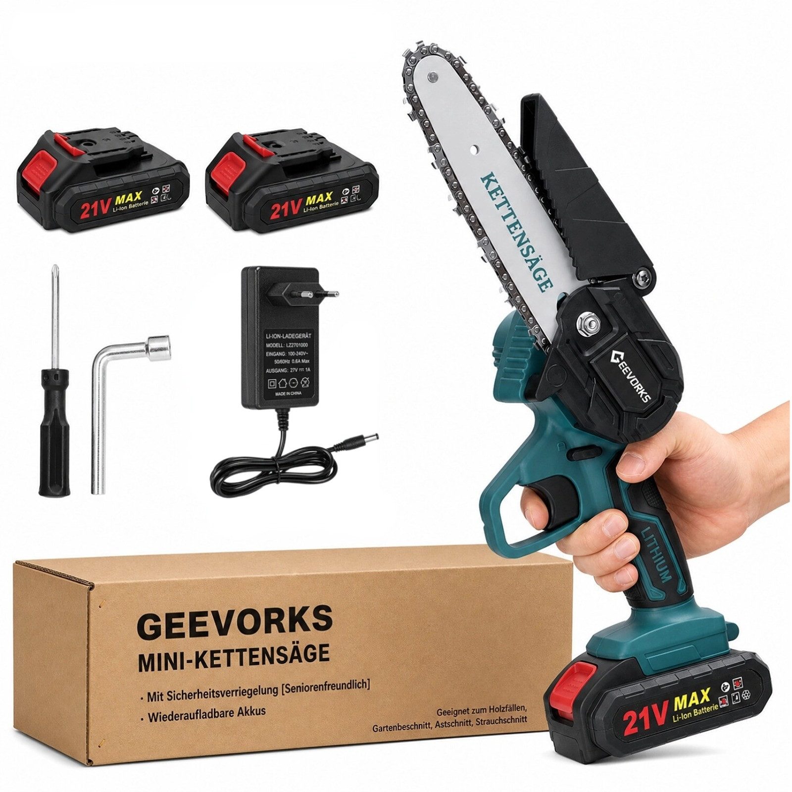 GARRYFIZH Akku-Säge Akku Säge Handgeführte Säge 21V Elektrische Kettensäge, 6 Zoll 2 Batterien Schallwandabdeckung Lange Führungsplatte