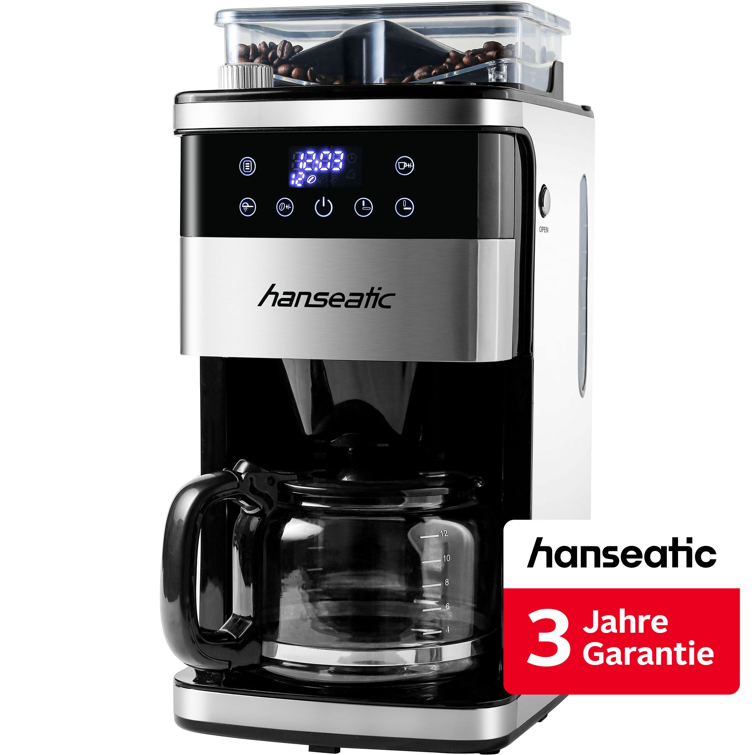 Hanseatic Kaffeemaschine mit Mahlwerk HCMG105015SD, 1,5l Kaffeekanne, Papierfilter 1x4, inkl. 3 Jahre Herstellergarantie