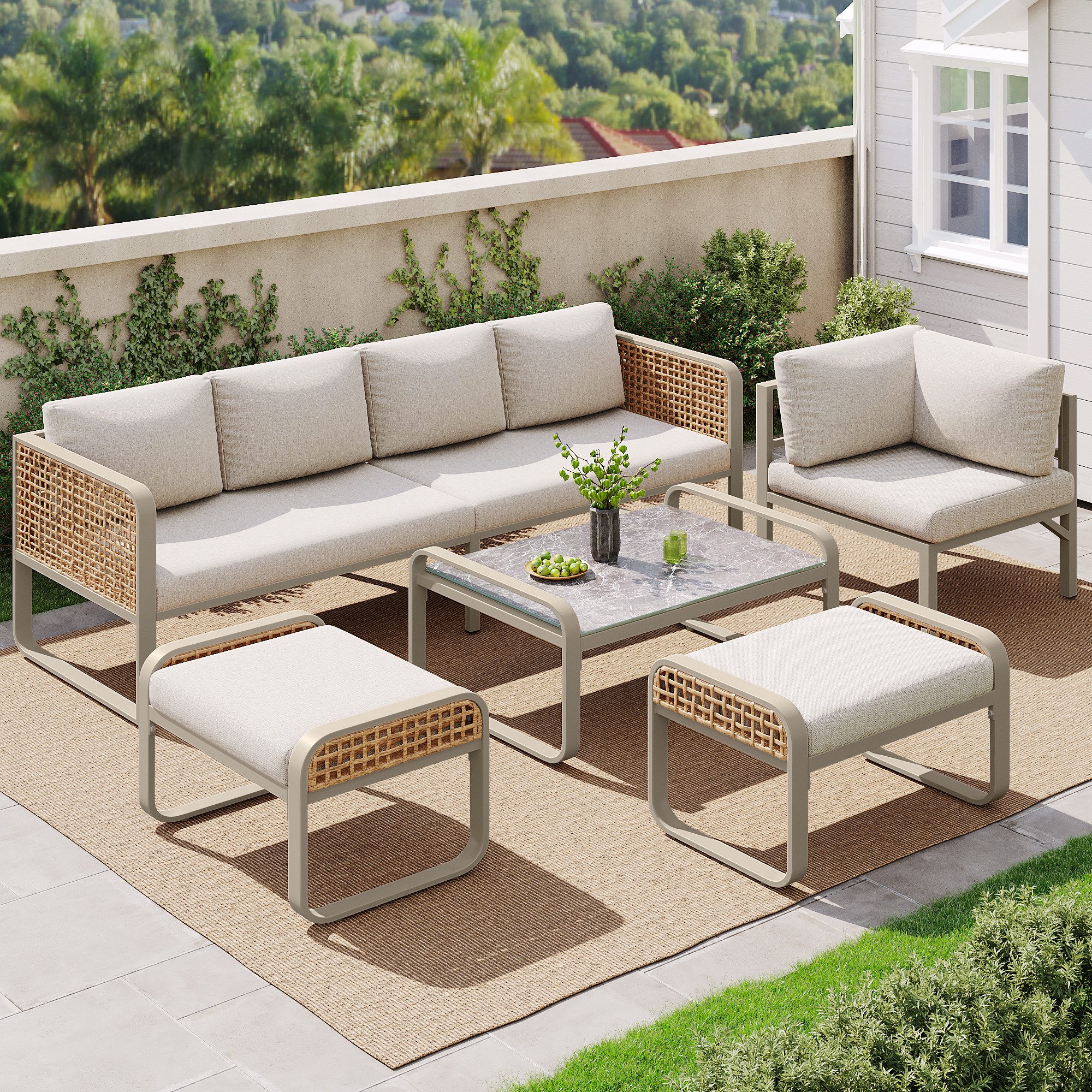 Ulife Gartenlounge-Set für 6-7 Personen, 7-Sitzer Polyrattan Gartenmöbel Balkonset, Ecksofa mit verzinktem Eisengestell