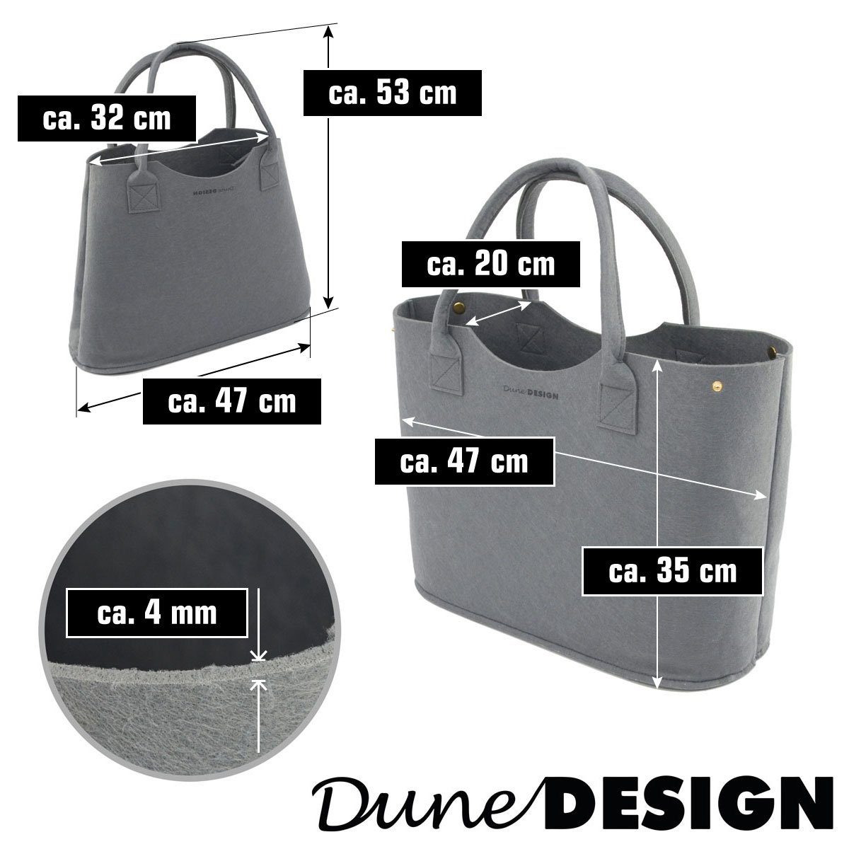 XL, 2-in-1 DuneDesign 47x20x35cm Filz Erweiterbarer Shopper Shopper Einkaufstasche 47x20x35cm