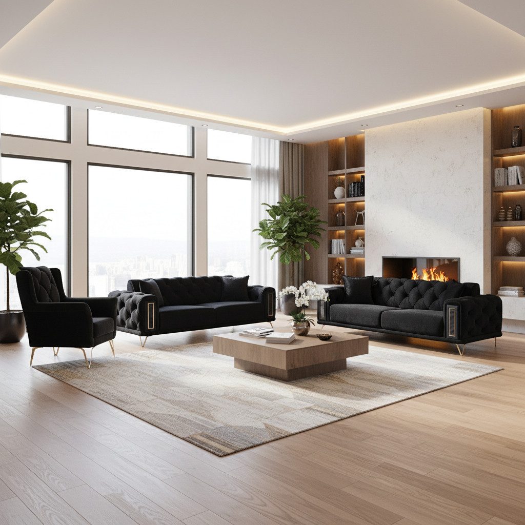 Palms-Store Sofa Set Celine aus schwarzem Samt mit Knopfheftung, 3-Sitzer mit Schlaffunktion