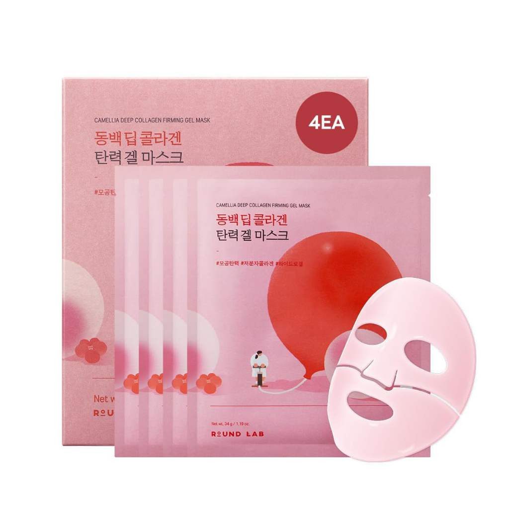 Round LAB Gesichtsmaske Camellia Deep Collagen Firming Gel Mask – Hydrogelmaske mit Camellia Collagenol™, Kollagen & Niacinamid zur, Unterstützung der Hautelastizität, 4x 34 g