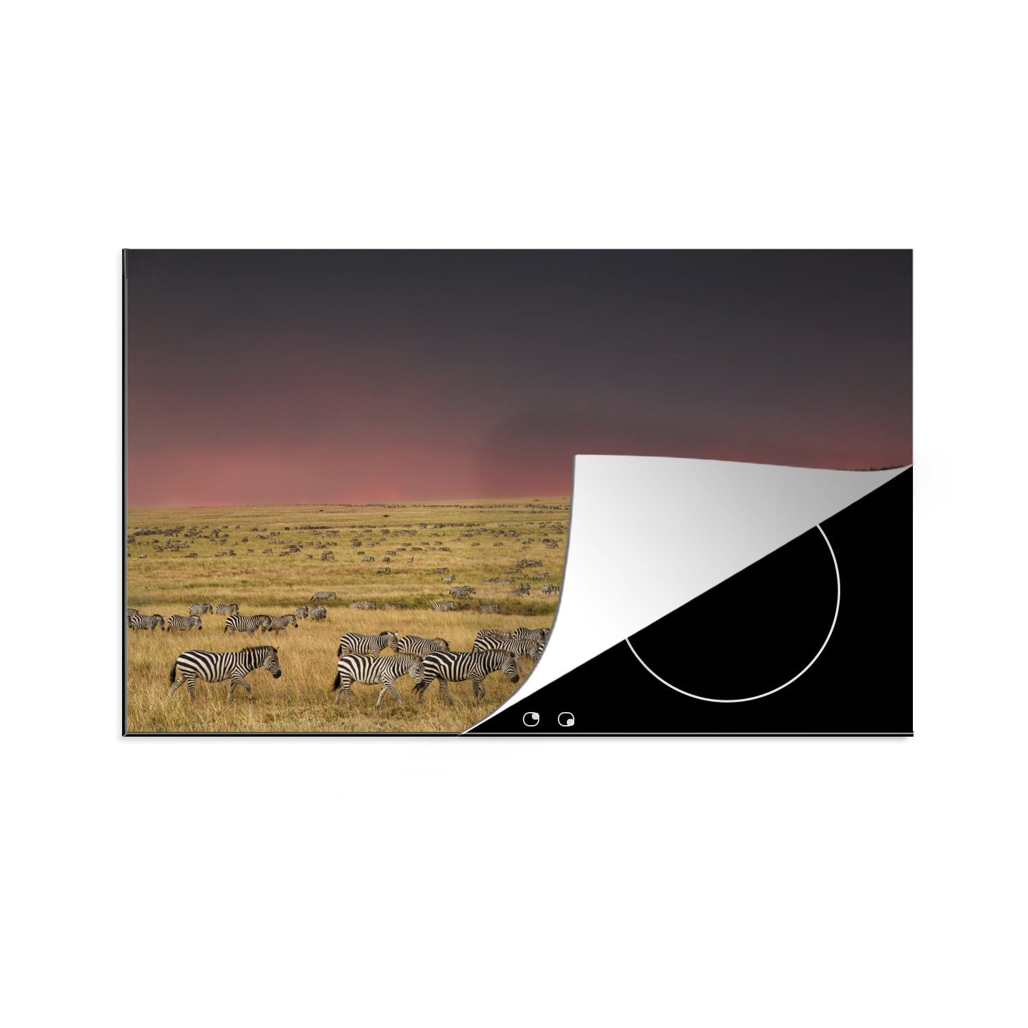 MuchoWow Herdblende-/Abdeckplatte Eine große Herde Zebras steht bei Sonnenaufgang in der Savanne, Vinyl, (1 tlg), 81x52 cm, Induktionskochfeld Schutz für die küche, Ceranfeldabdeckung