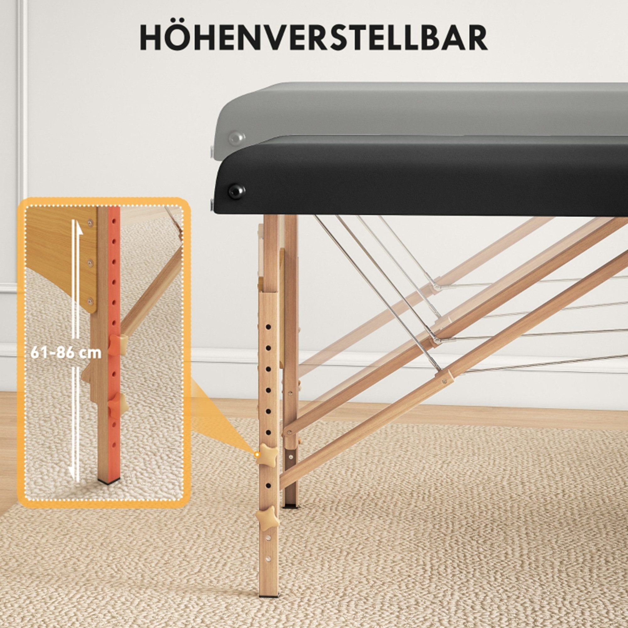 MC Star Massageliege 2 Zonen Klappbar Massagetisch Höhenverstellbar Massagebank (70 cm Breit mit Kopfstütze, Holzfüßen Massagebett Kosmetikliege Schwarz)
