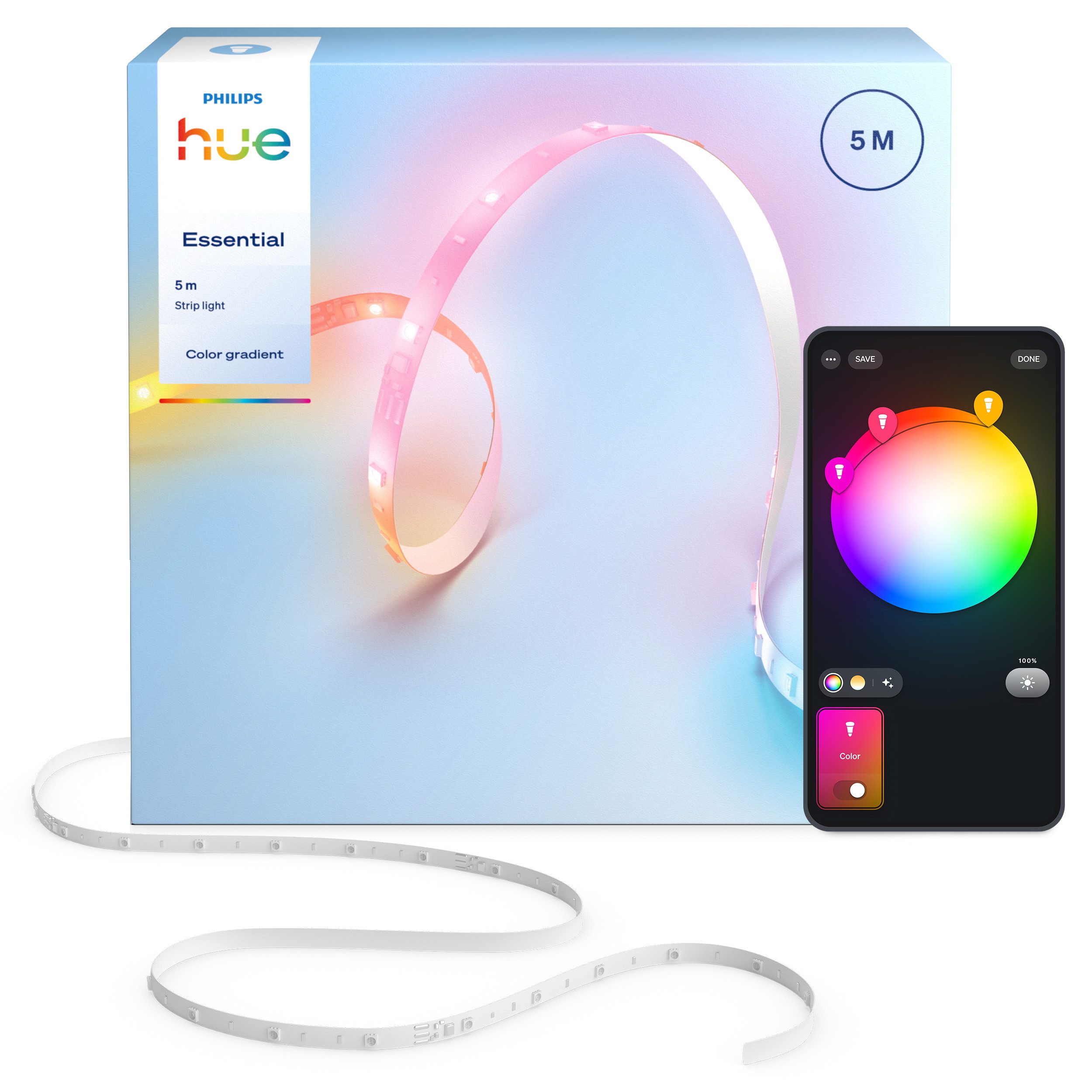 Philips Hue LED-Streifen Essential Gradient LED-Streifen RGBIC farbfähig, lebendige Farben, flexible Innenbeleuchtung, komp. mit gängigen Smart-Home-Assistenten