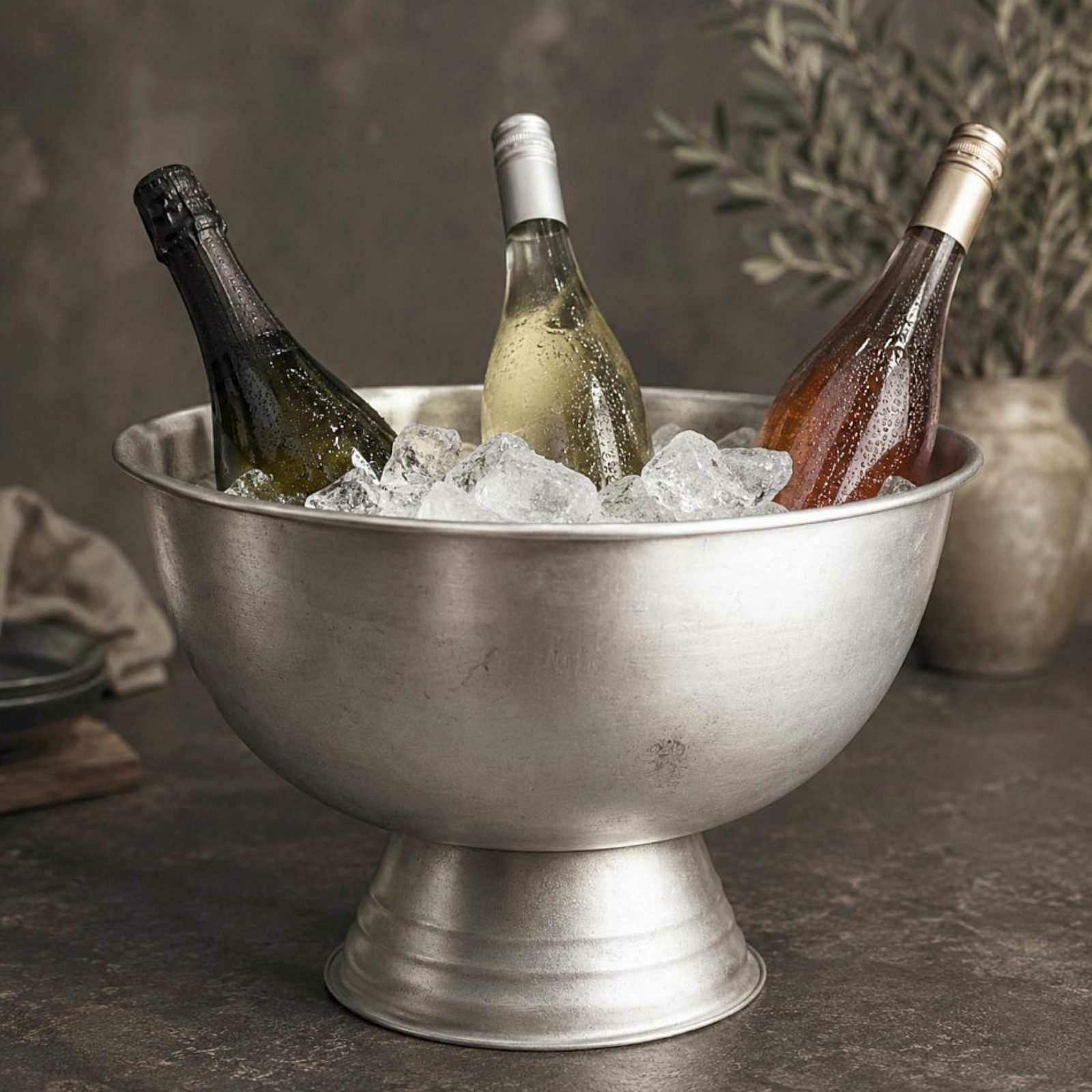 Koopman Wein- und Sektkühler Flaschenkühler Kühlschüssel Schüssel Edelstahl Ø39cm, Unpoliert, Modern, Sicherer Stand, Sockel