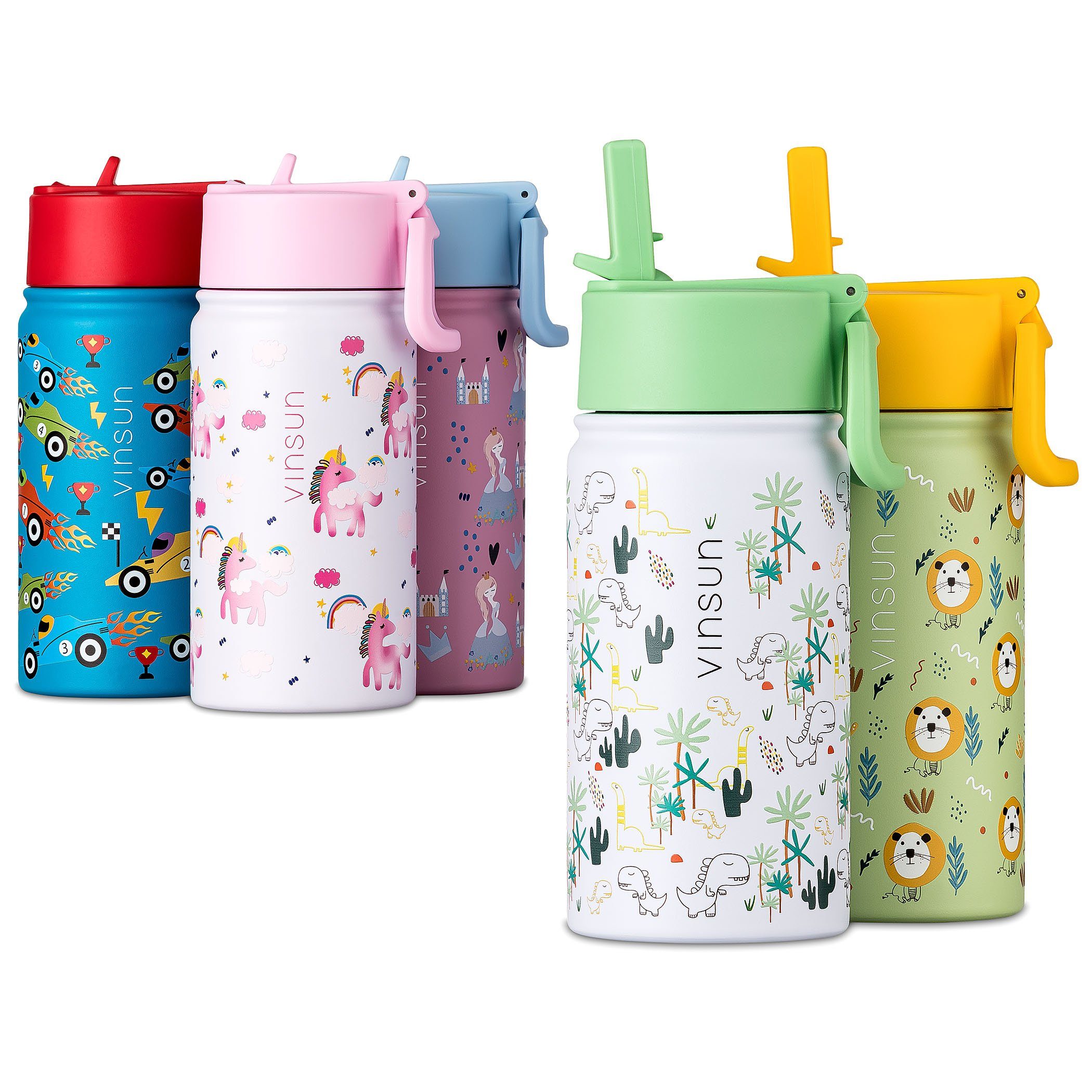 Vinsun Trinkflasche Trinkflasche Kinder 350ml - Auslaufsicher mit Strohhalm - Dinosaurier, BPA frei, auslaufsicher, bruchsicher, Geruchs- und Geschmacksneutral