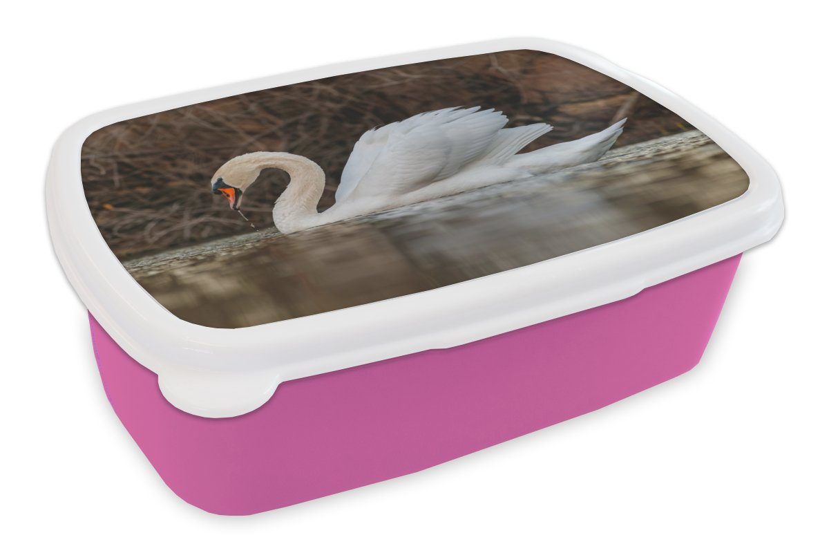 MuchoWow Lunchbox Schwan Brotdose Kunststoff Vogel, Brotbox Kunststoff, Mädchen, - für Erwachsene, - Snackbox, rosa (2-tlg), Kinder, Wasser Tiere 