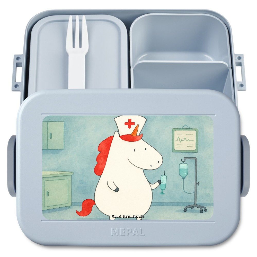 Mr. & Mrs. Panda Butterdose Einhorn Krankenschwester Design, Bento Box, Blau Pastell, Snackbox, L, Polypropylen lebensmittelecht, (Packung), Lebensmittelbehälter Snackdose Ärztin Geschenk
