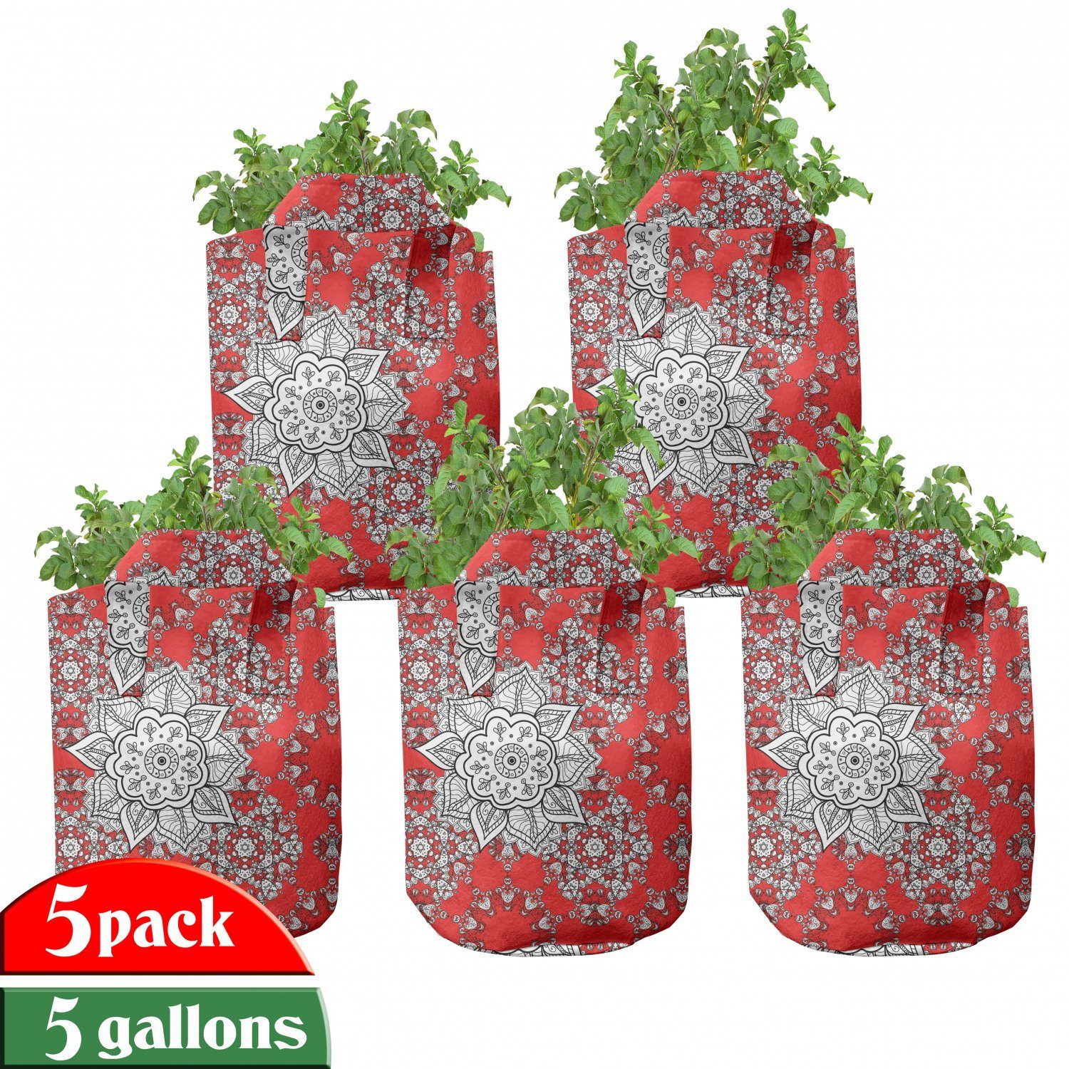 Abakuhaus Pflanzkübel hochleistungsfähig Stofftöpfe mit Griffen für Pflanzen, Red Mandala Gekritzel