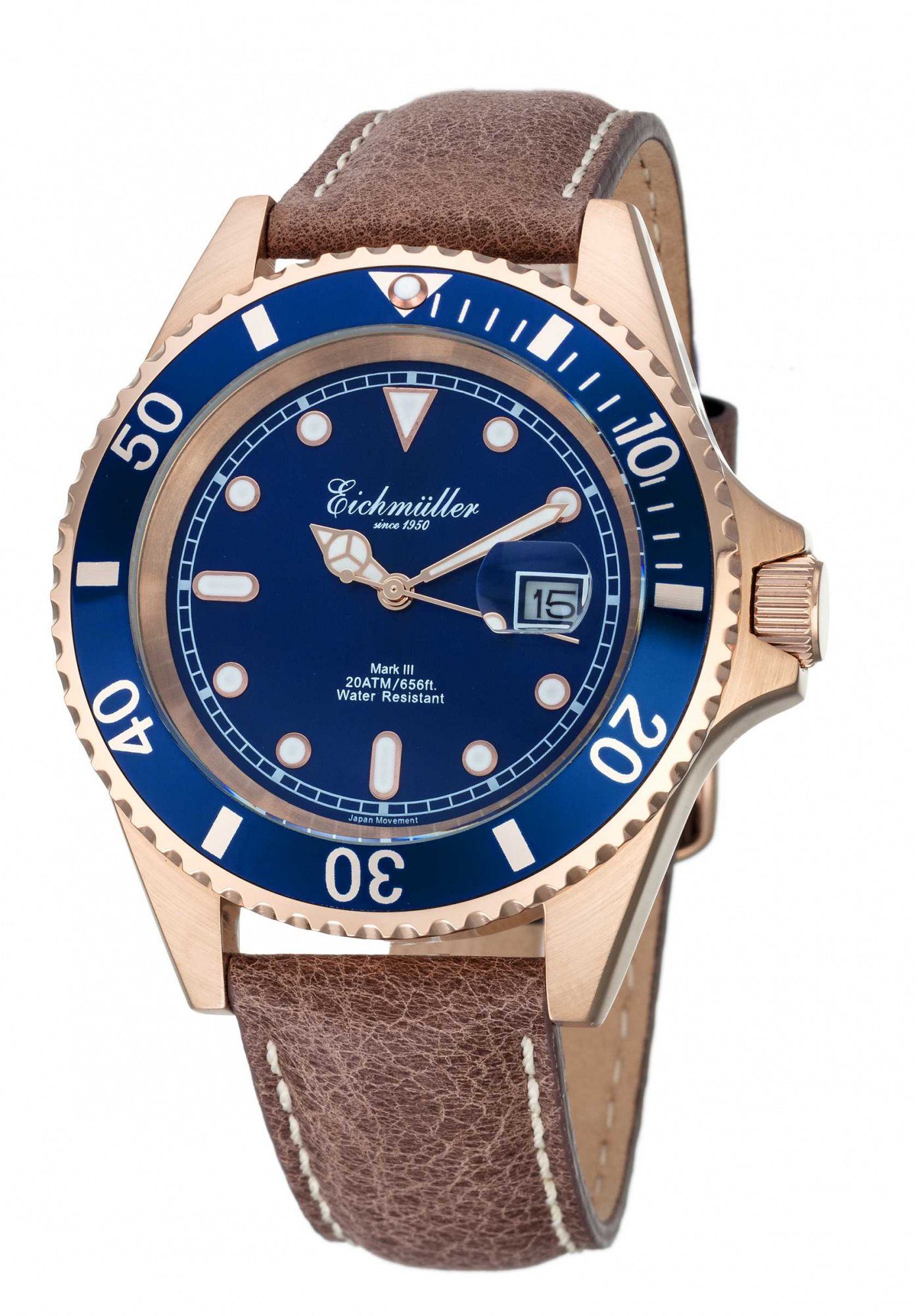 ATM rose-hellbraun-blau mm Eichmüller Taucheruhr 43 Herrenuhr 3462-03 20 Lederband