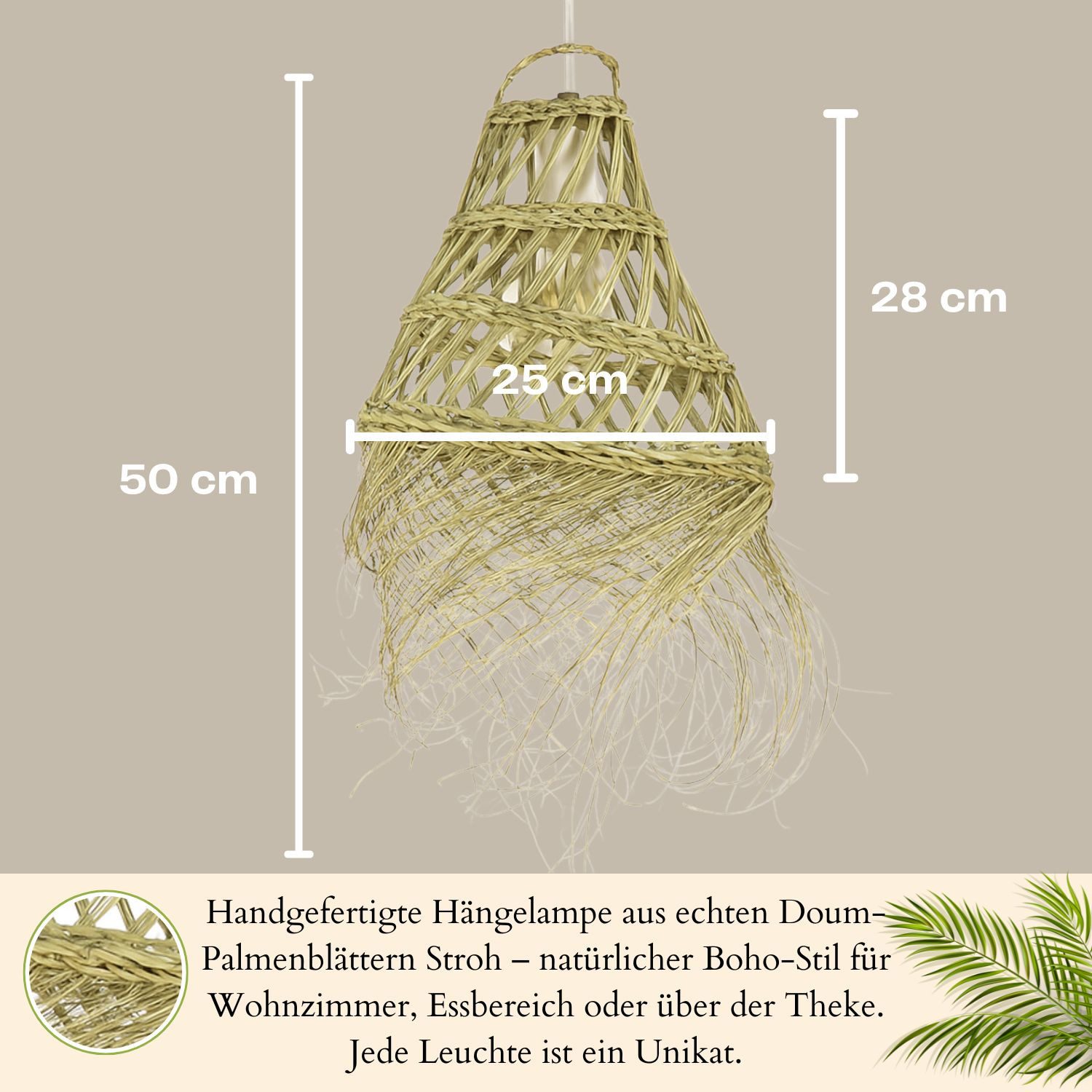 Marrakesch Orient & Mediterran Interior Pendelleuchte Pendelleuchte Bayamo, Boho Hängelampe aus Doumpalmenblatt Stroh 28cm, Handarbeit