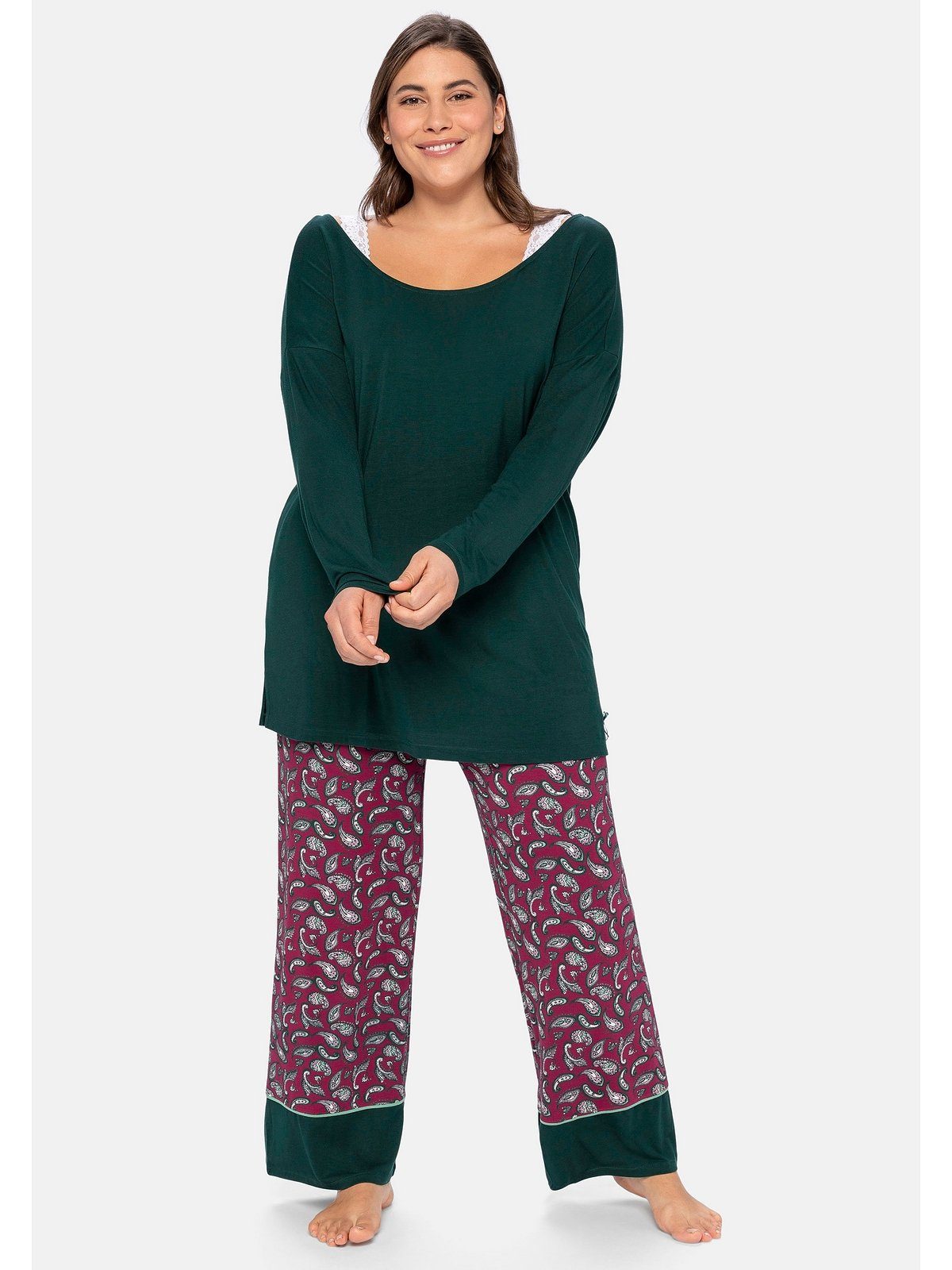 Damen Hosen Sheego Pyjamahose sheego Schlafanzughose mit Paisleyprint und Kontrastsaum