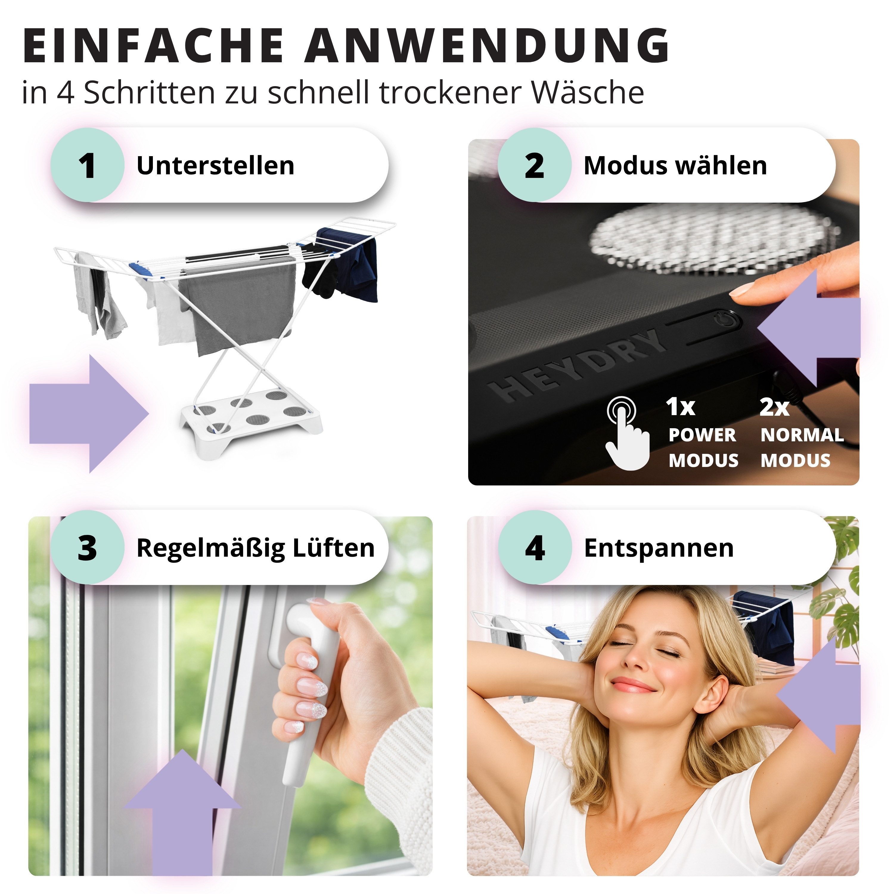 HEYDRY Elektrischer Wäschetrockner HEYDRY Lüfter für Wäscheständer, schnell & energiesparend trocknen, Made in Germany, mobiler Ventilator – Bild 3 von 5