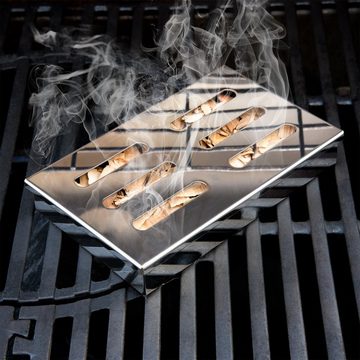 Blumtal Räucherbox Smokerbox aus rostfreiem Edelstahl für Gas- und Holzkohlegrill (2-tlg) 1 Räucherbox oder 1 Räucherbox inklusive Buchenholz-Chips (150g) mit edler Chromoptik