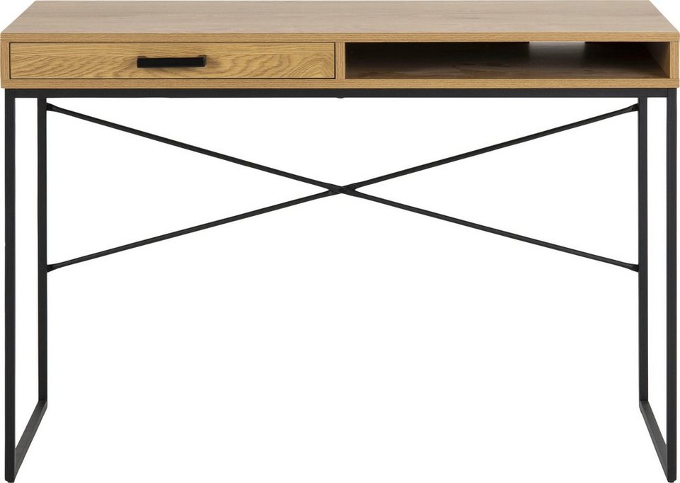 ACTONA GROUP Schreibtisch, Metallgestell, 1 Schublade und 1 offenem Fach,  Breite 140 cm, Schwarz pulverbeschichteter Metallrahmen für Stil und  Langlebigkeit