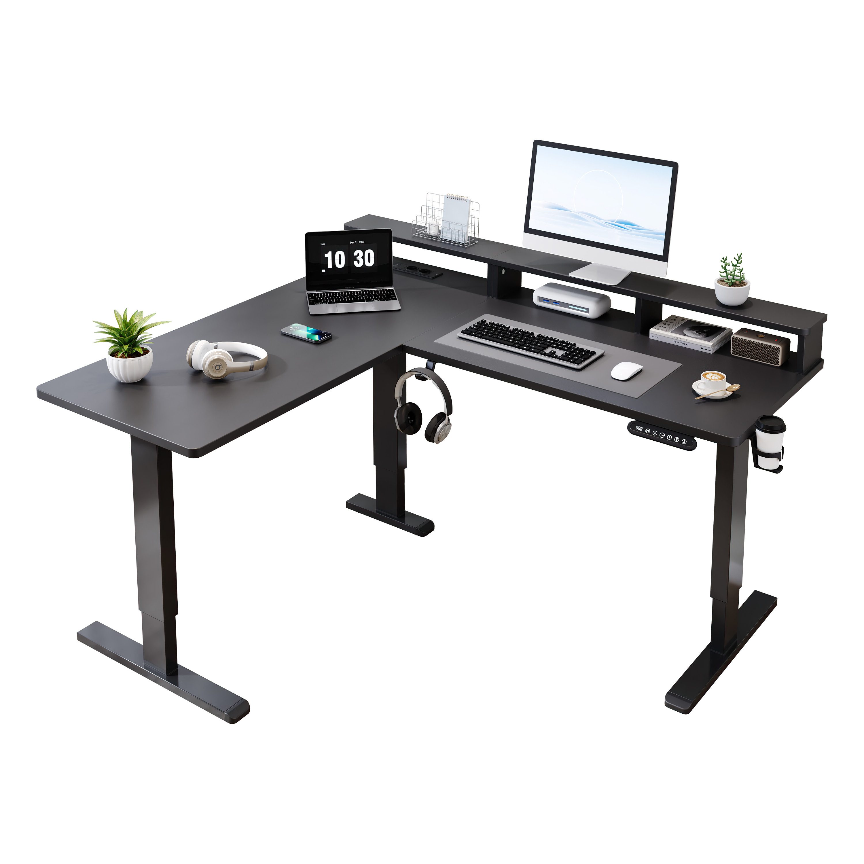 BBWL Computertisch Elektrisch höhenverstellbarer Schreibtisch mit Doppelmotor, 73–118 cm (Stahlrahmen, 15 mm Melaminplatte, integrierter Steckdose, USB-Ports, Kopfhörerhaken & Getränkehalter)