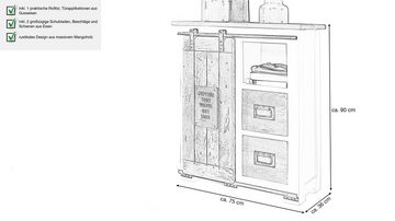 Massivart® Sideboard EMANUEL 75 cm / Massivholz Mango weiß / 1 Rolltür, Türapplikation aus Gusseisen / Beschläge und Schienen aus Eisen