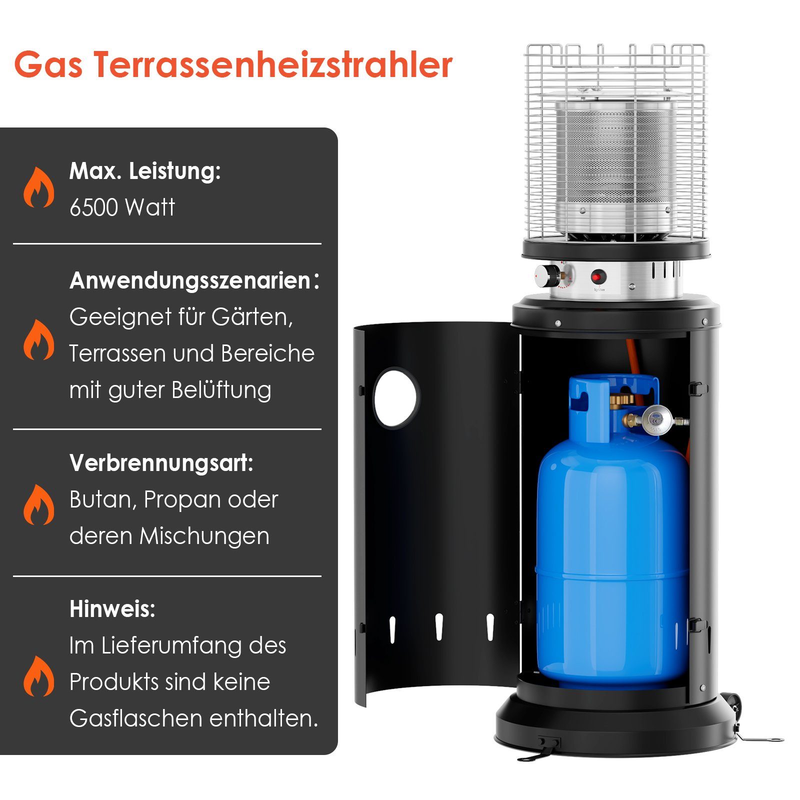 Gasheizstrahler, Terrassenstrahler TLGREEN Schutzhülle, 6,5 Heizstrahler, mit kW Schwarz